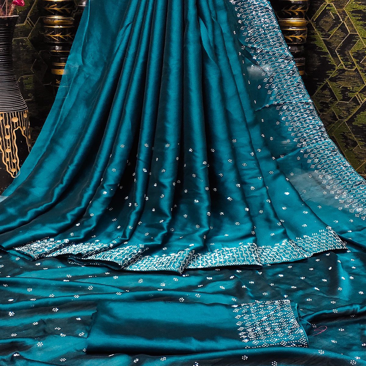 Teal Blue Floral Swarovski Work Georgette Saree