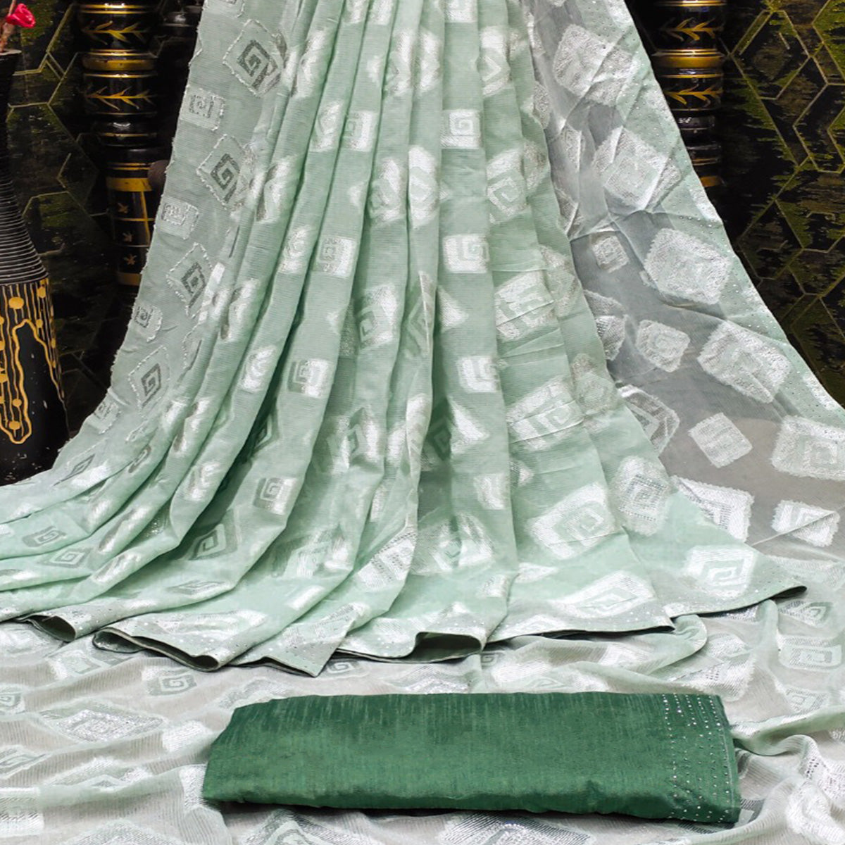 Mint Green Floral Swarovski With Woven Jacquard Saree