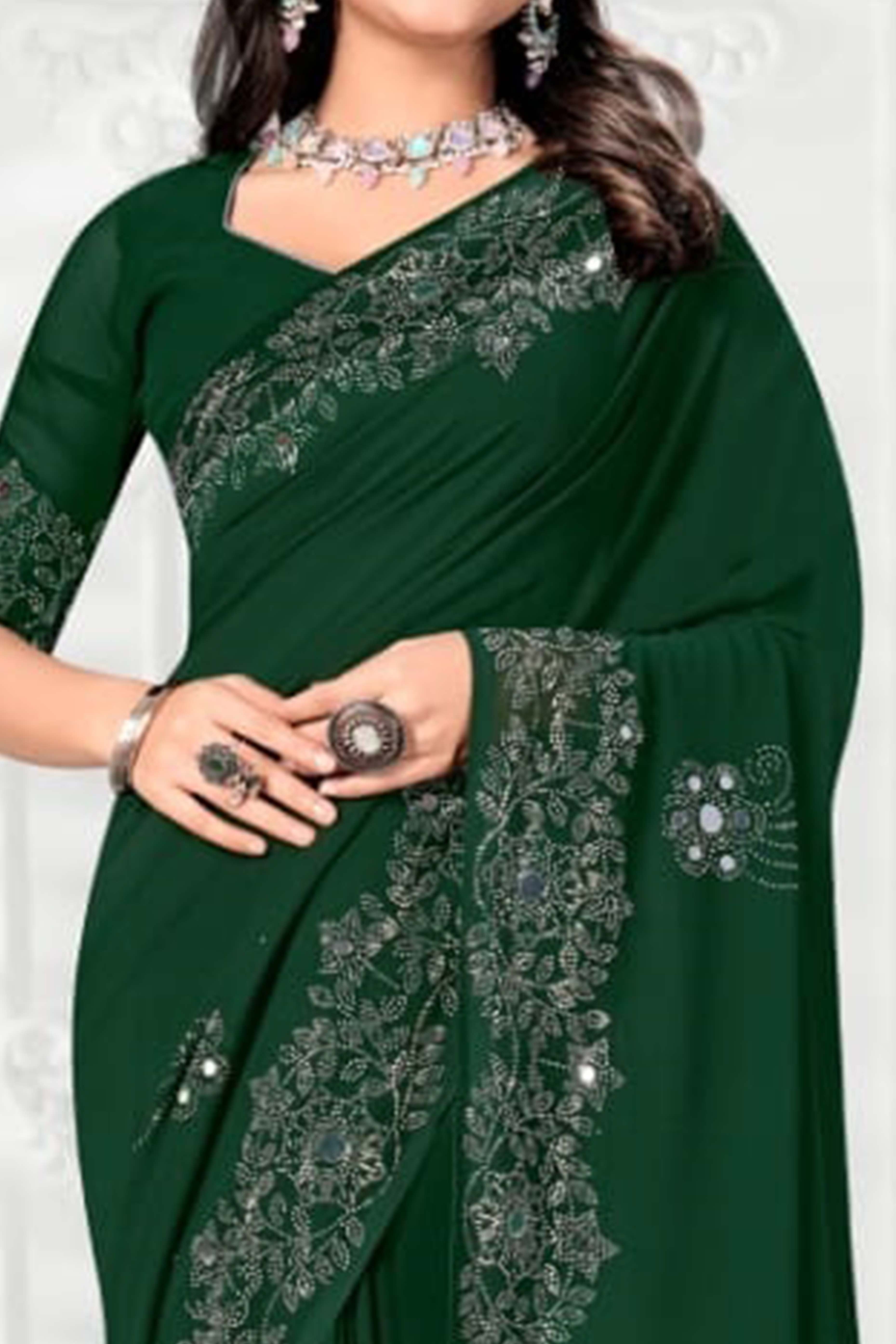 Green Floral Swarovski With Mirror Work Georgette Saree