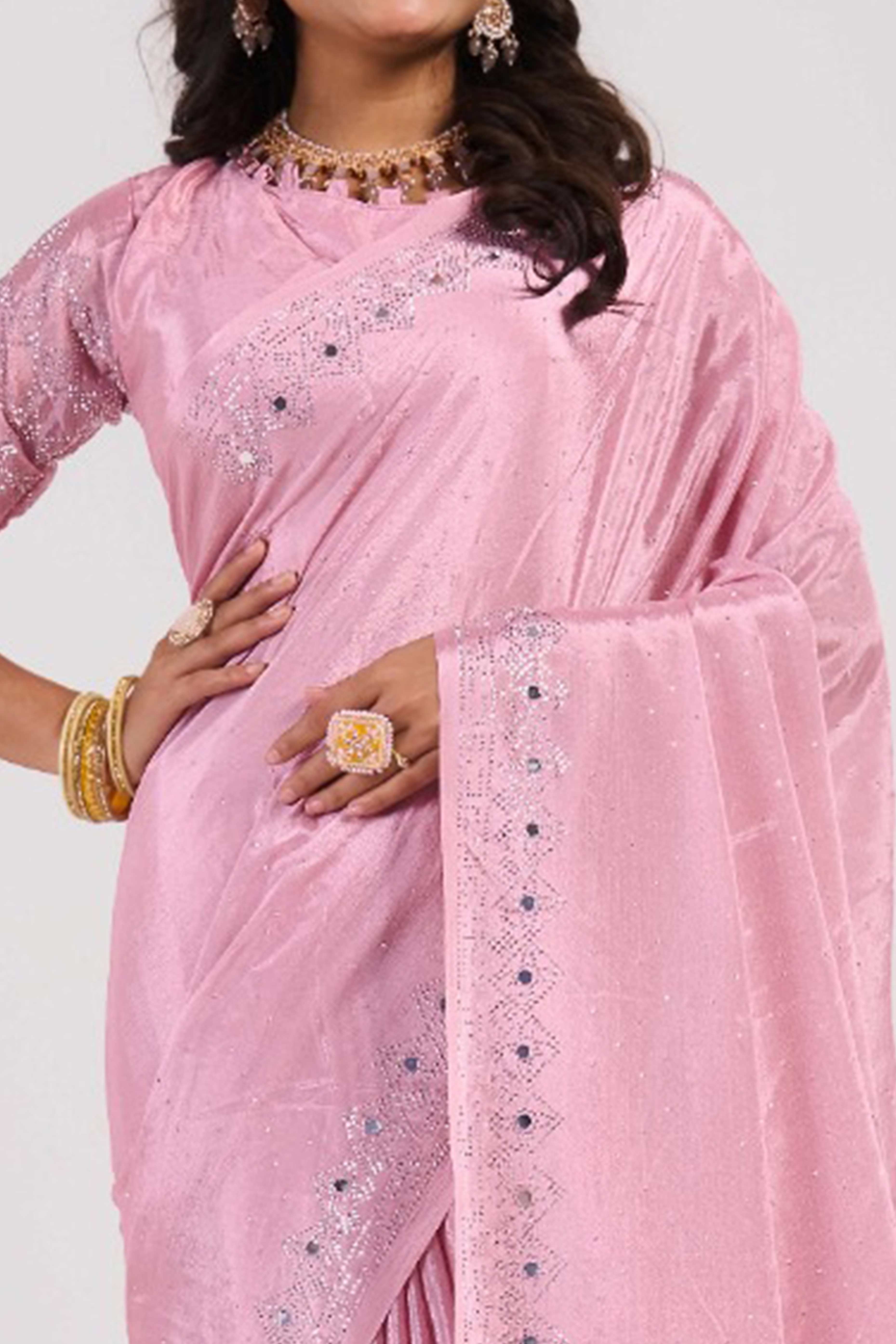 Pink Swarovski With Mirror Work Chinon Saree