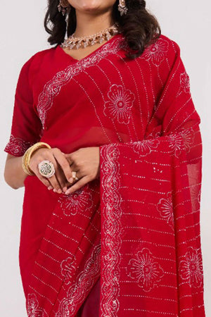Cherry Red Swarovski Work Georgette Saree