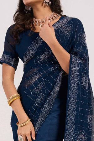 Blue Swarovski Work Georgette Saree