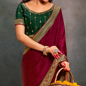 Maroon Swarovski Work Satin Saree With Tassels