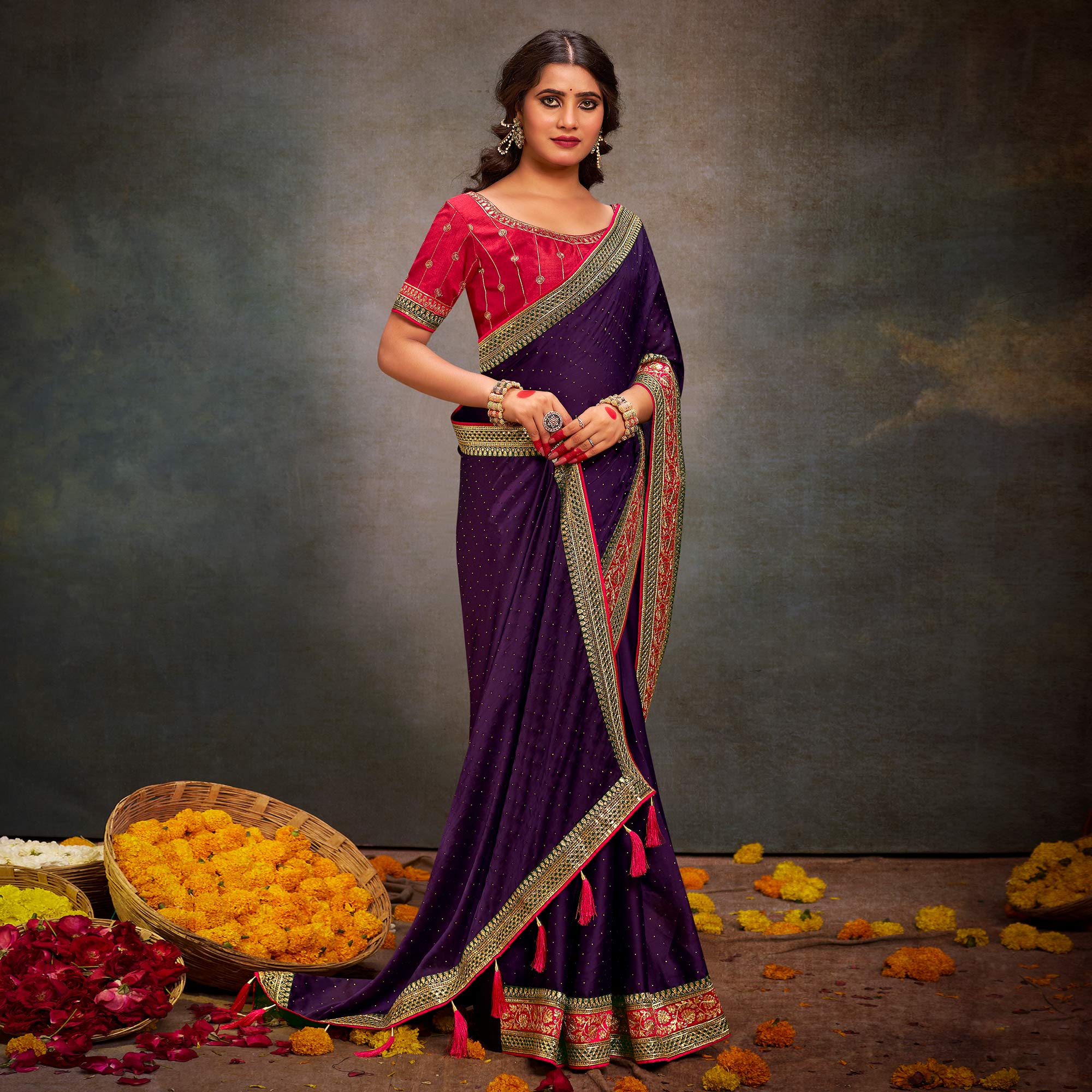 Purple Swarovski Work Satin Saree With Tassels