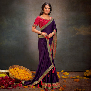 Purple Swarovski Work Satin Saree With Tassels
