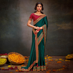 Dark Rama Green Swarovski Work Satin Saree With Tassels