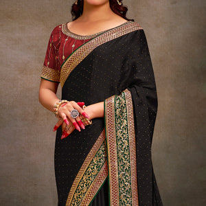 Black Swarovski Work Satin Saree With Tassels
