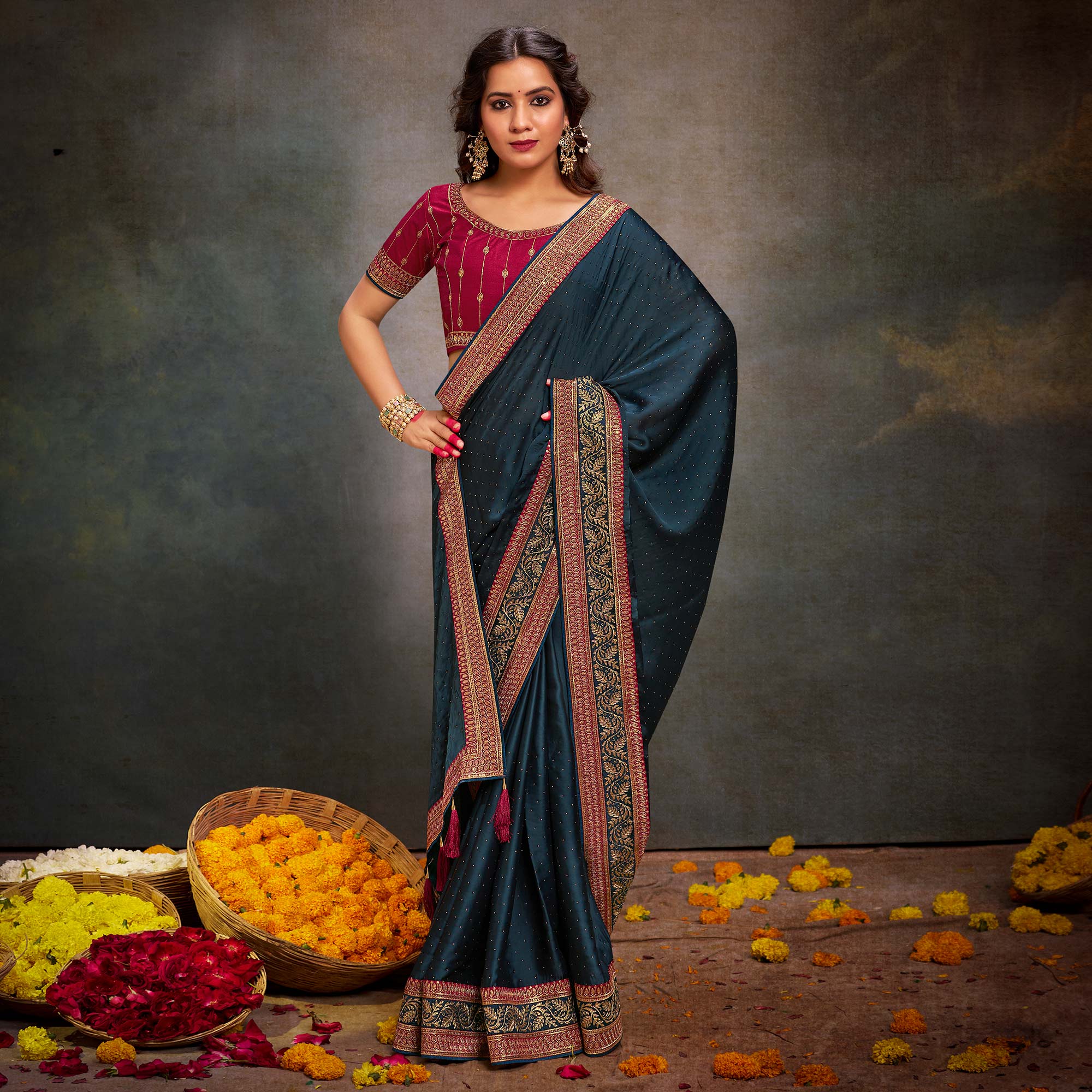 Teal Swarovski Work Satin Saree With Tassels