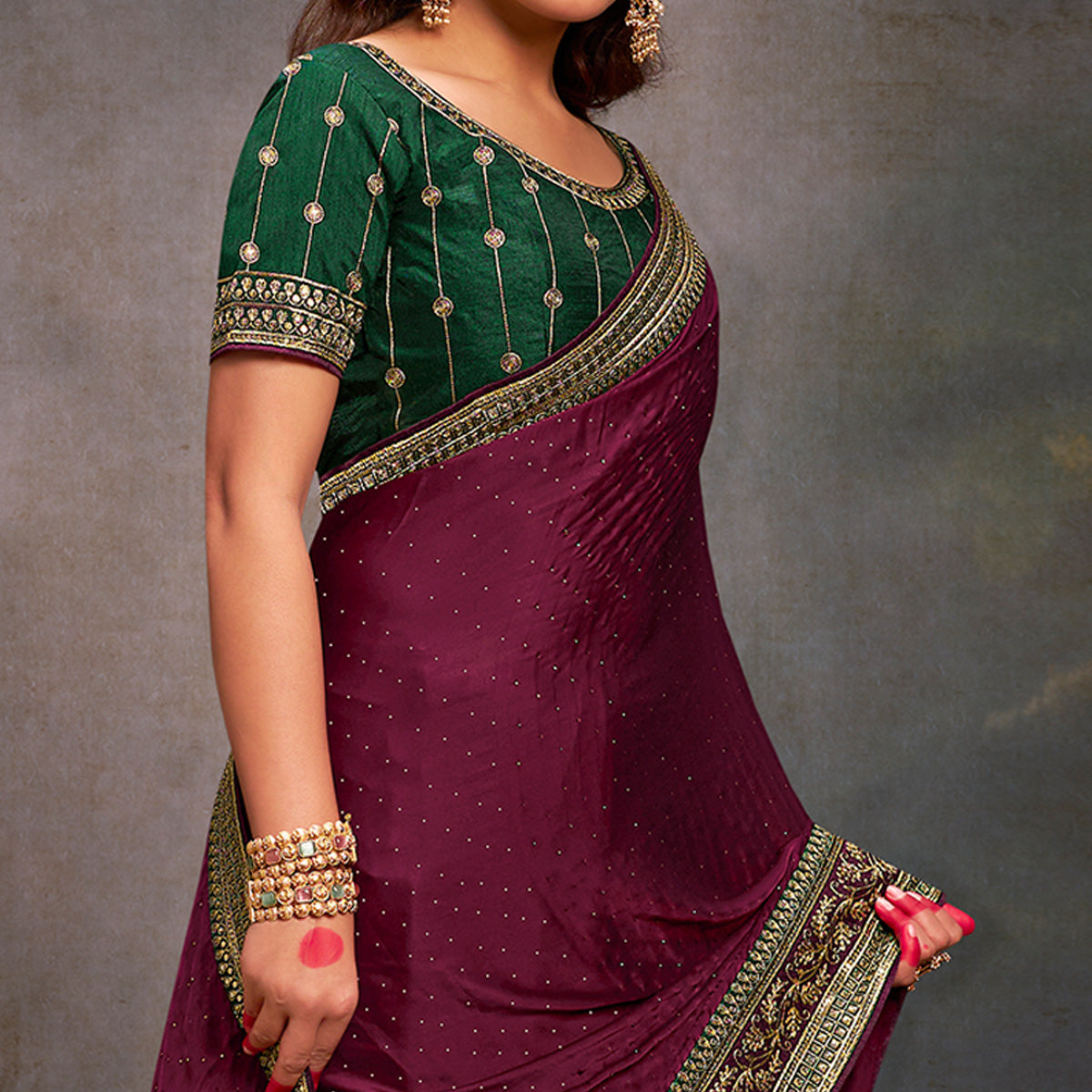 Wine Swarovski Work Satin Saree With Tassels