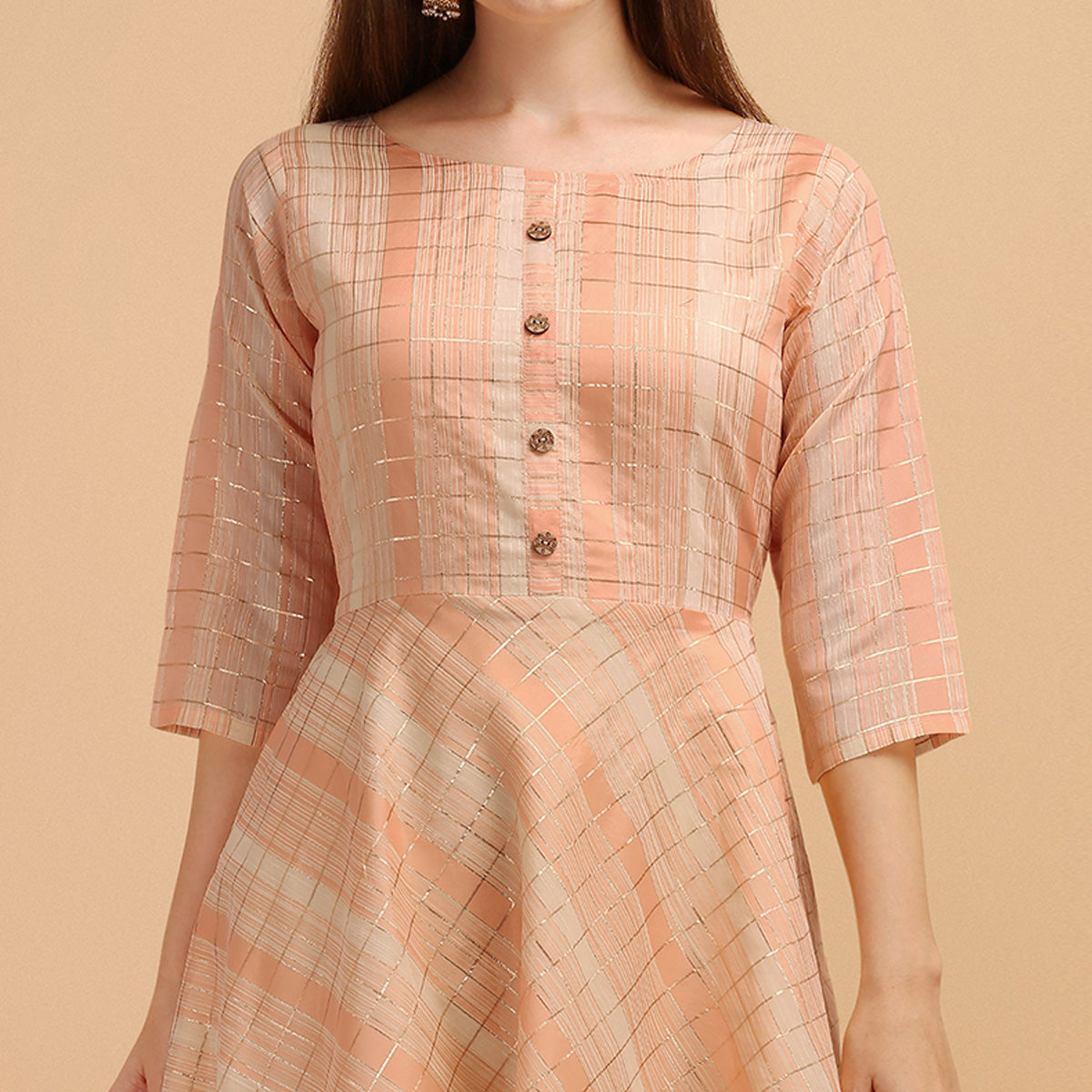 Peach Printed Chanderi Maxi Dress