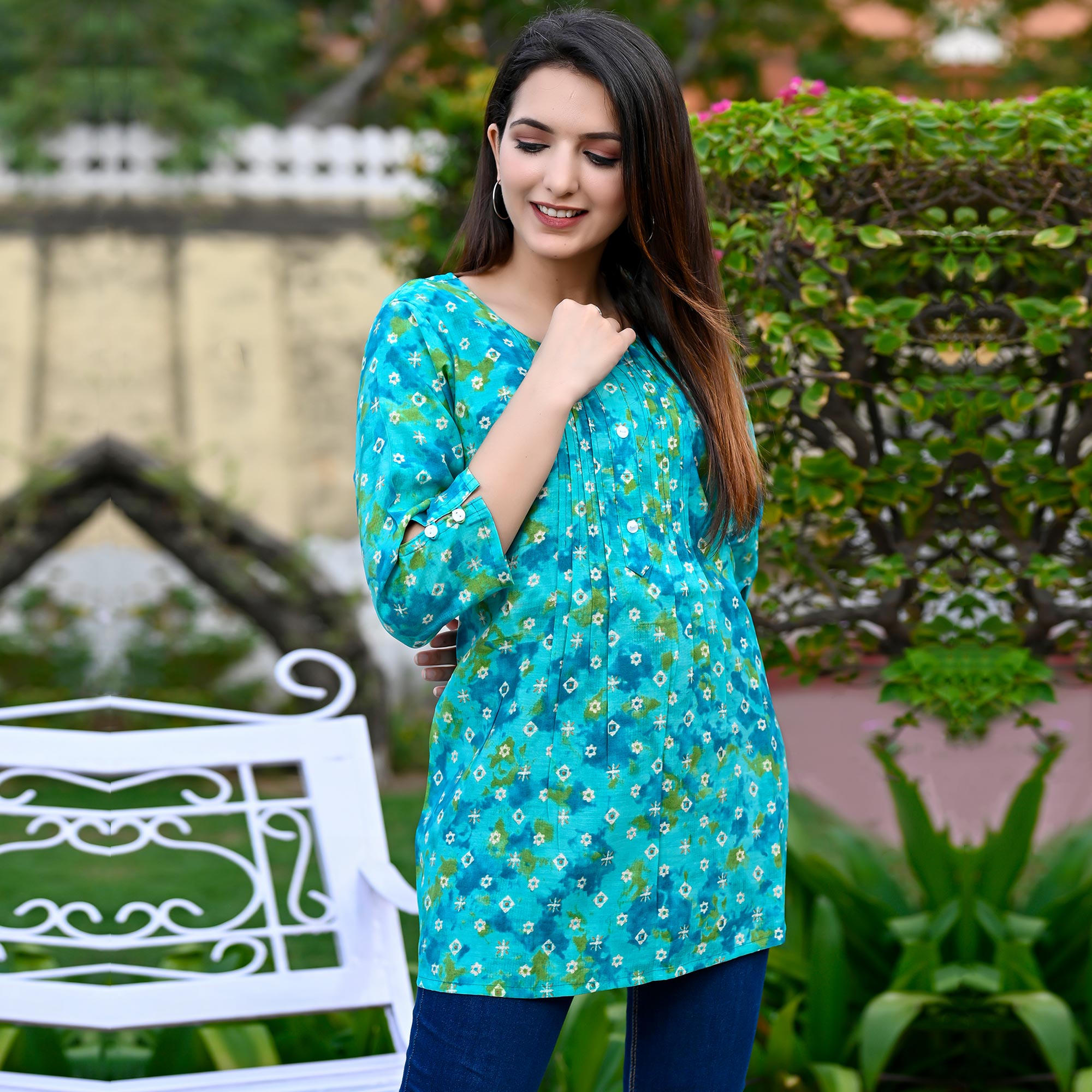 Turquoise Printed Chanderi Top