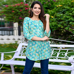 Aqua Blue Printed Chanderi Top