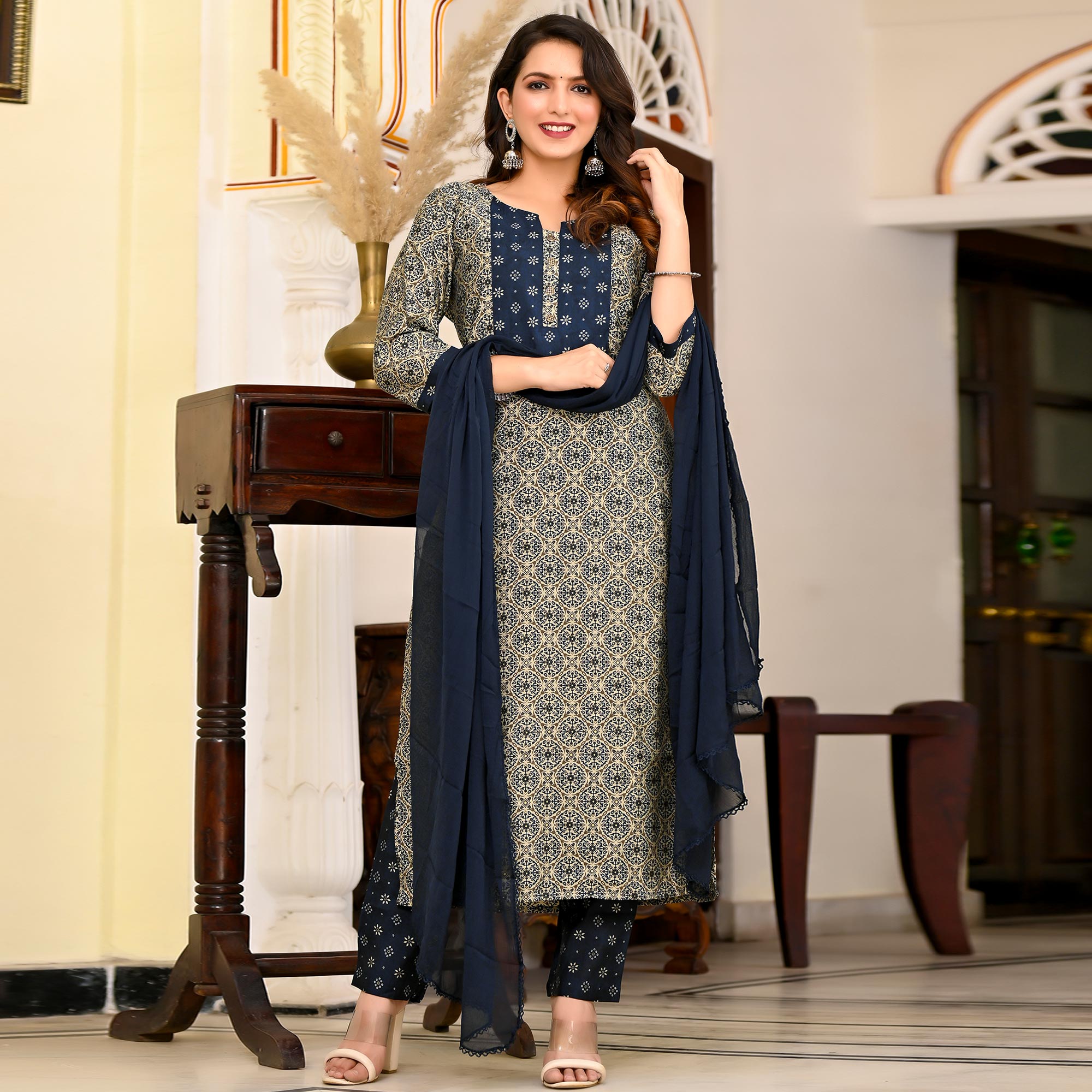 Blue Printed Chanderi Suit