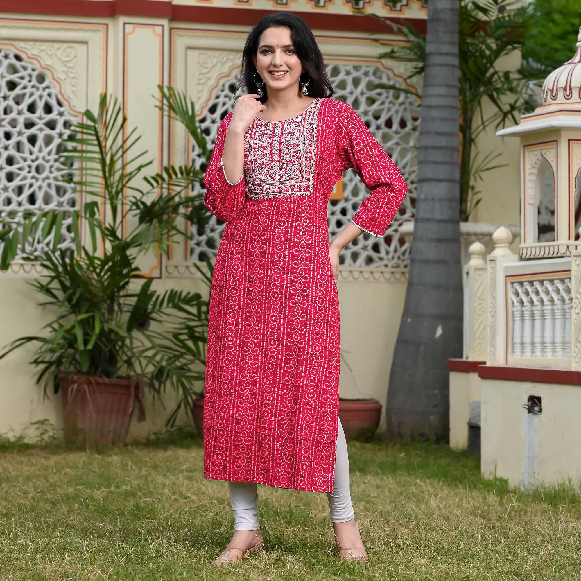 Red Foil Bandhani Printed With Embroidered Rayon Kurti