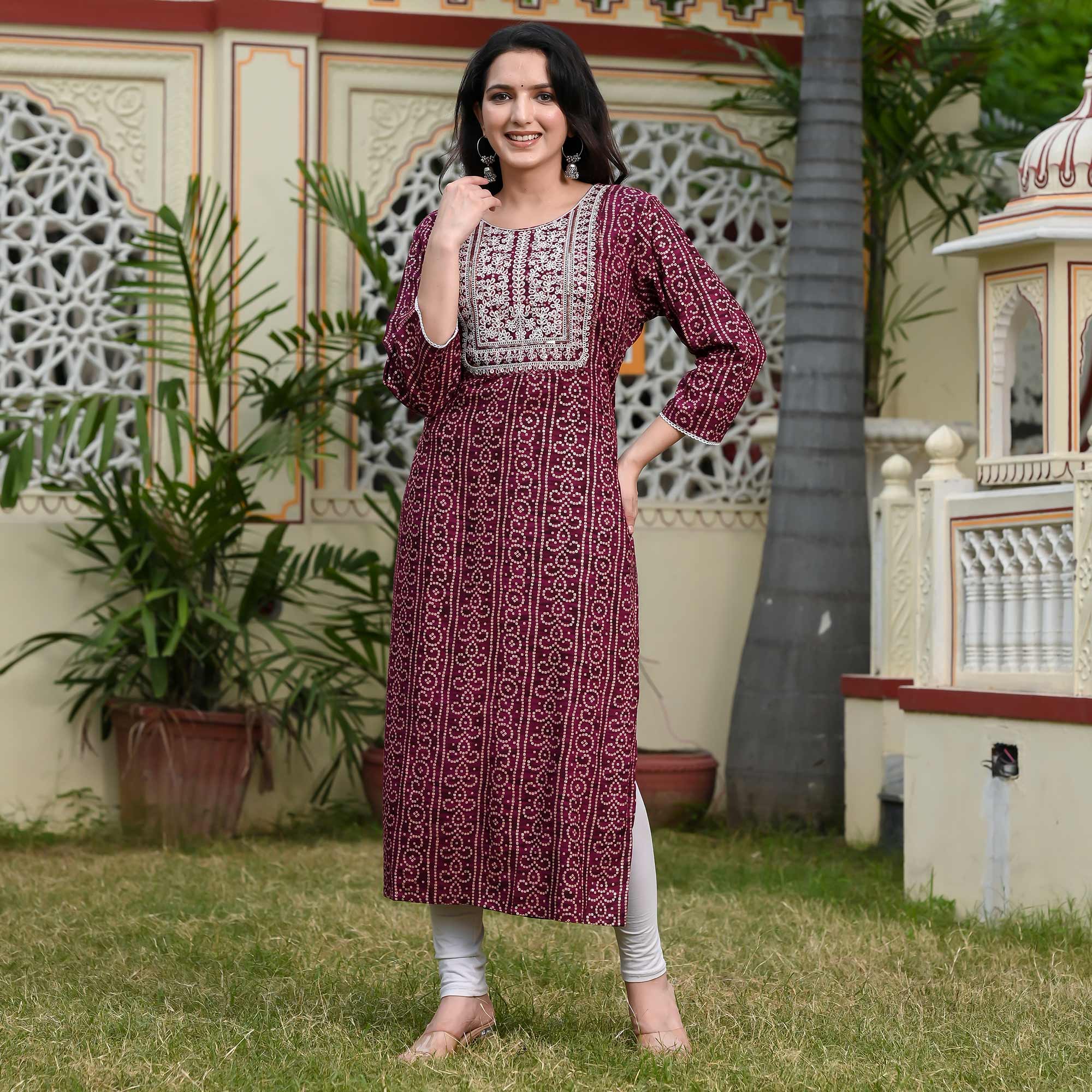 Wine Foil Bandhani Printed With Embroidered Rayon Kurti