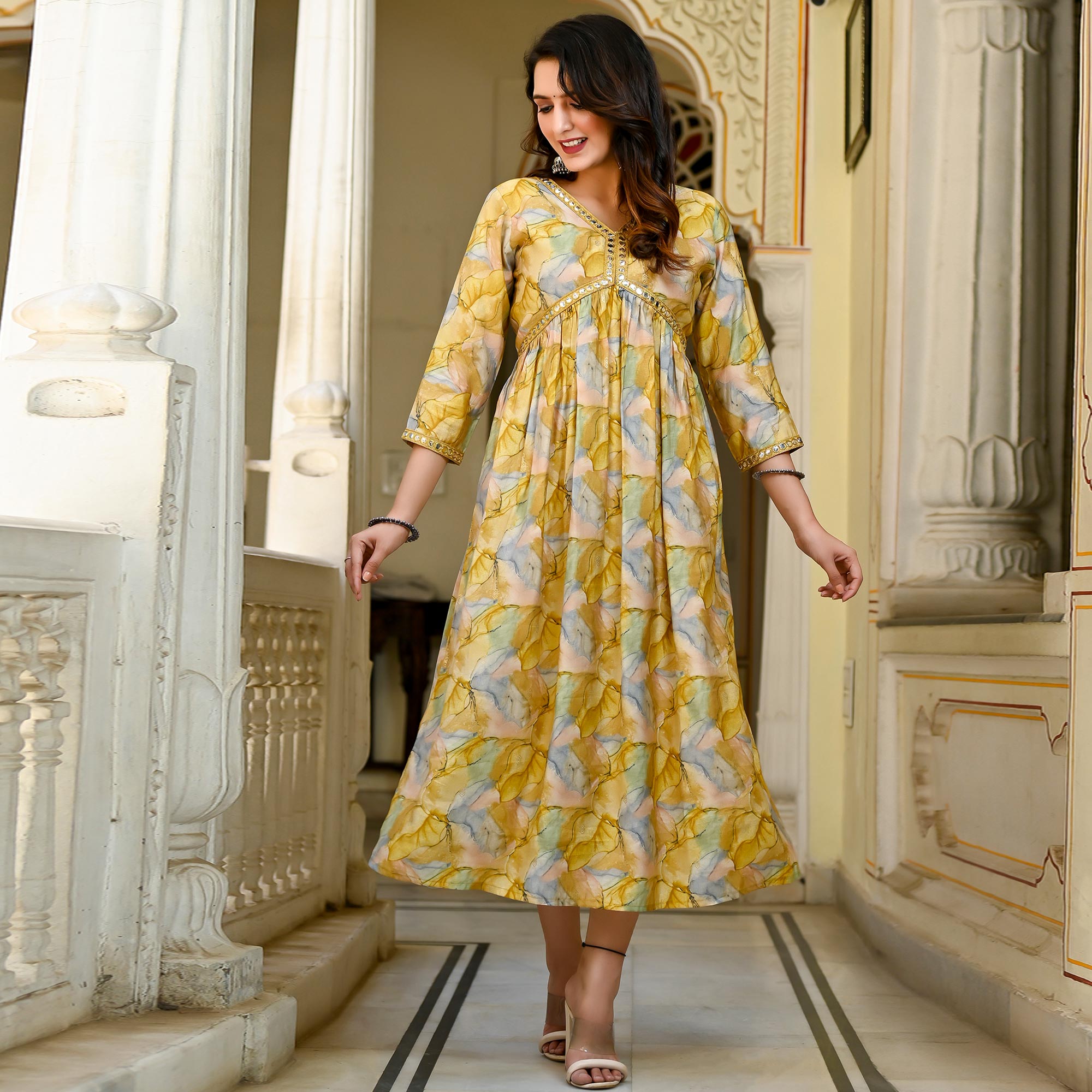 Yellow Printed Chanderi Alia Cut Kurti