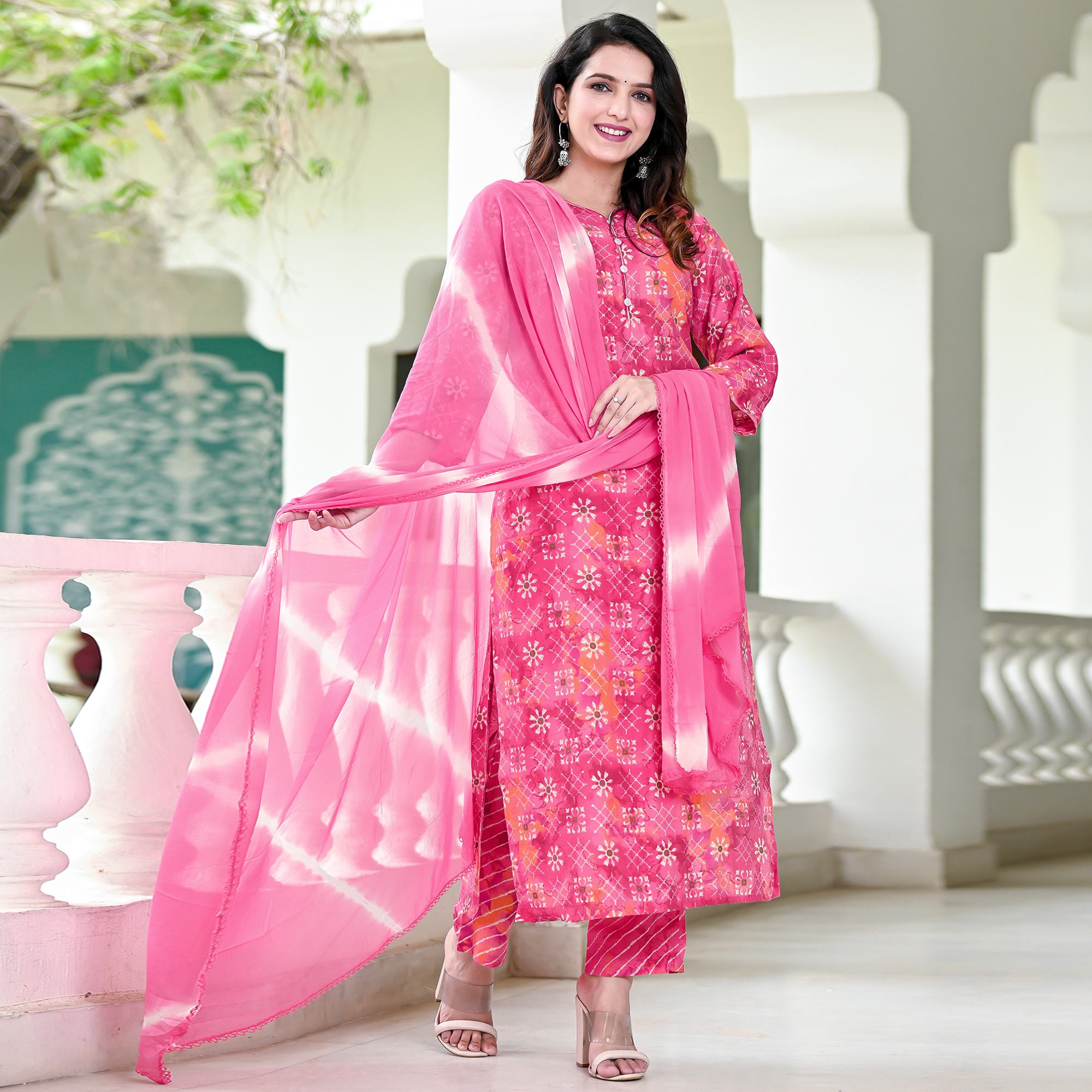 Pink Floral Printed Chanderi Suit