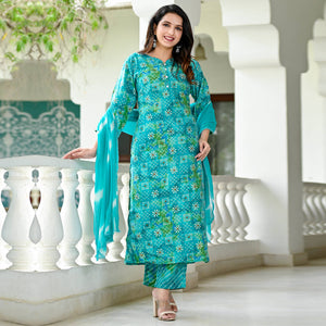 Turquoise Floral Printed Chanderi Suit