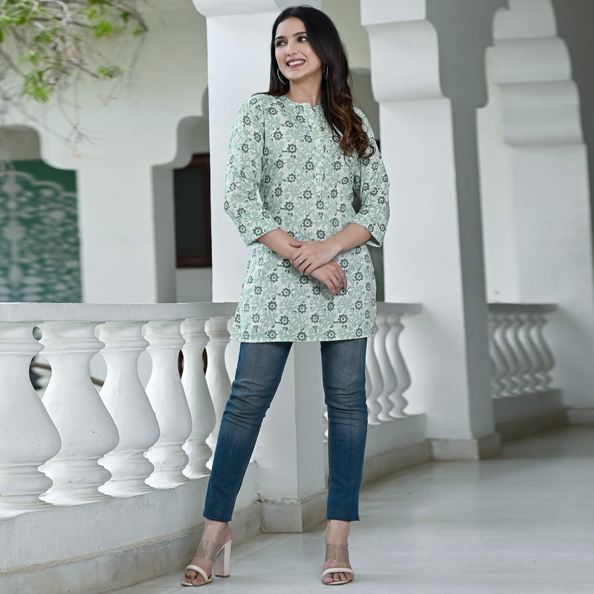 Green Floral Foil Printed Rayon Top