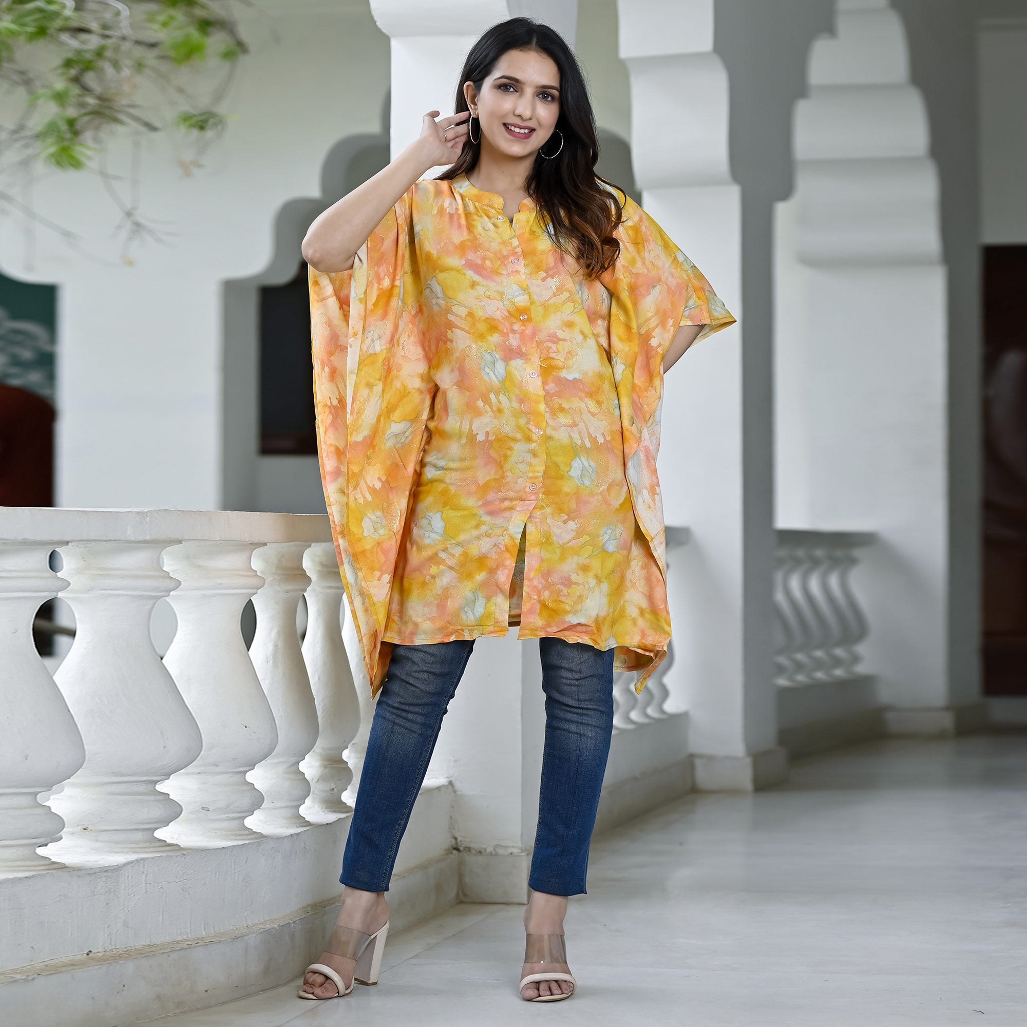 Yellow Foil Printed Rayon Kaftan