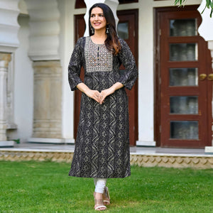 Black Floral Foil Printed Rayon Kurti