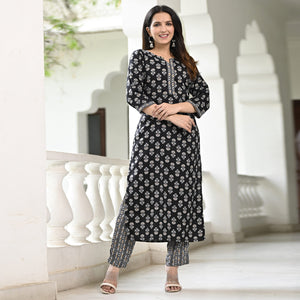 Black Floral Printed Rayon Kurti Pant Set