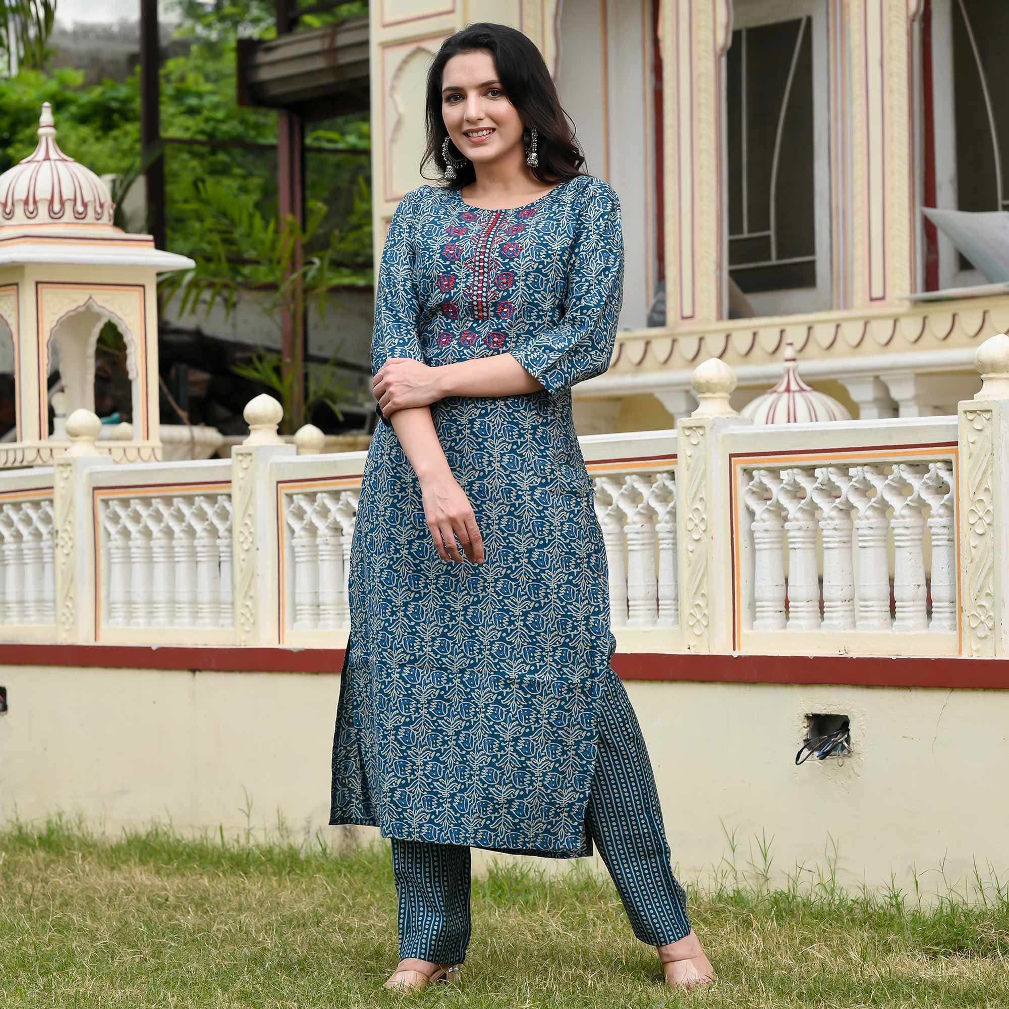 Blue Floral Printed Modal Kurti Pant Set