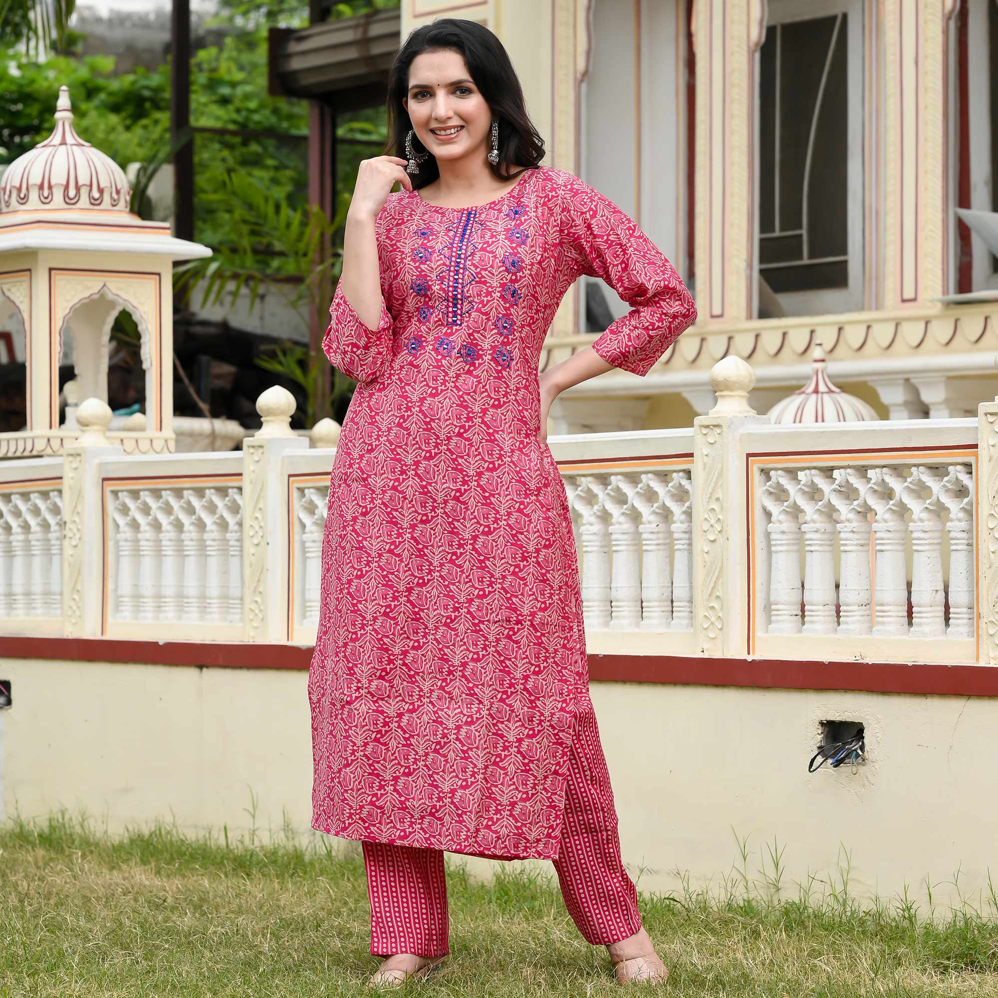 Pink Floral Printed Modal Kurti Pant Set