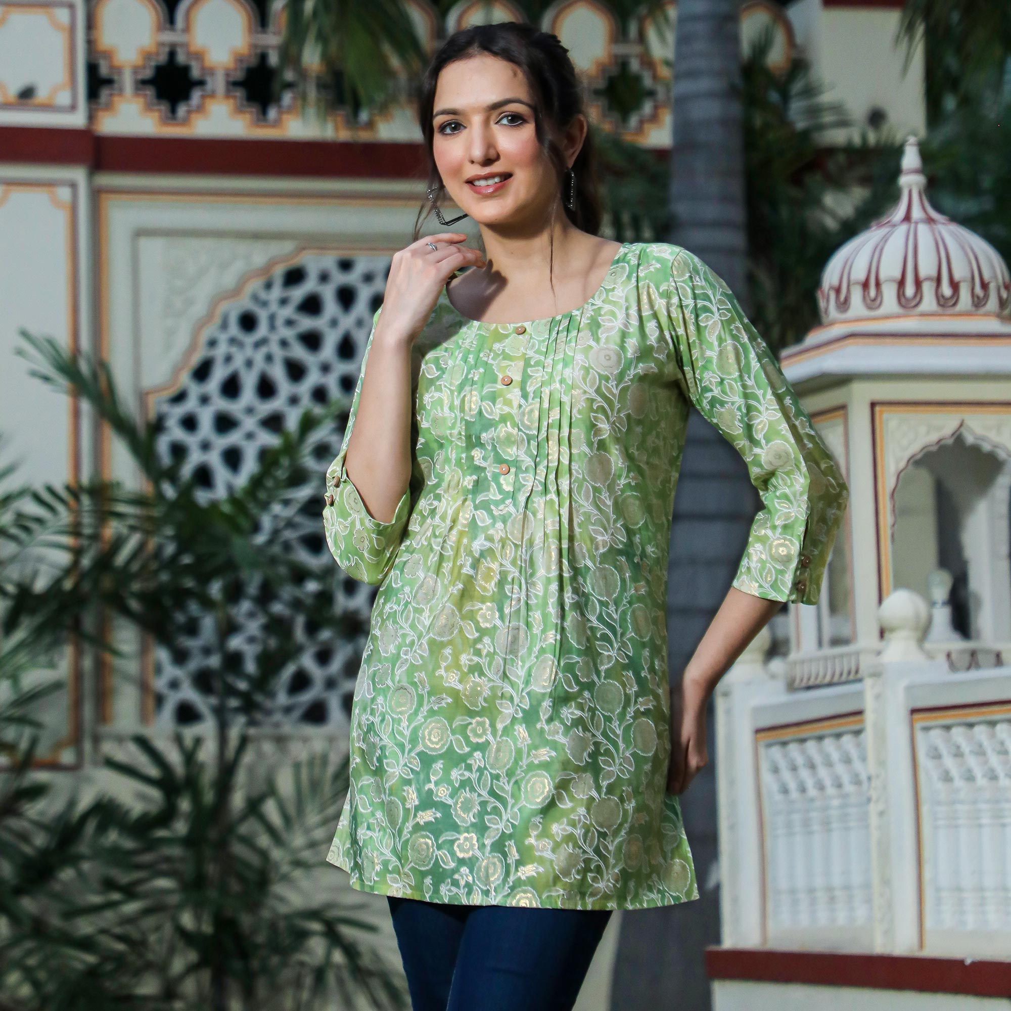 Green Floral Foil Printed Modal Top