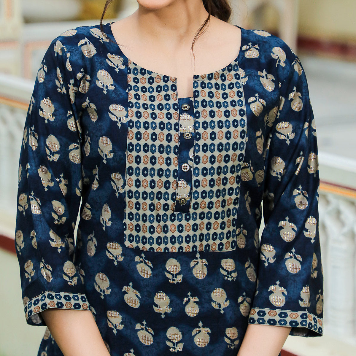 Blue Floral Foil Printed Modal Suit