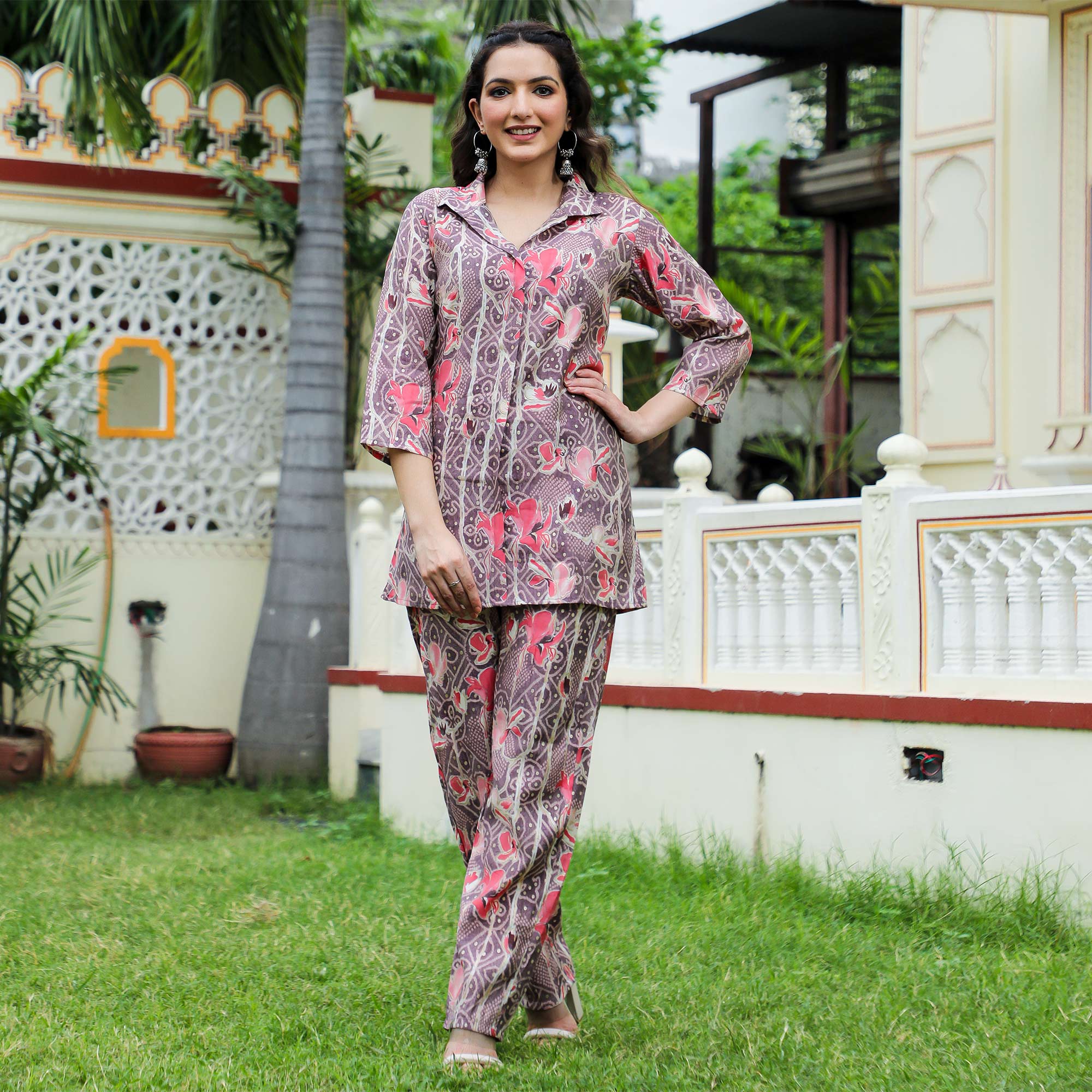 Brown Floral Foil Printed Chanderi Co Ord Set