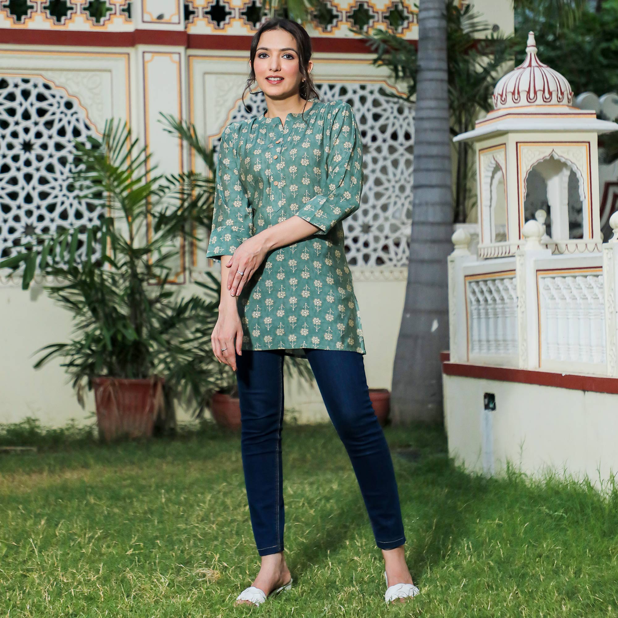 Green Floral Foil Printed Chanderi Top