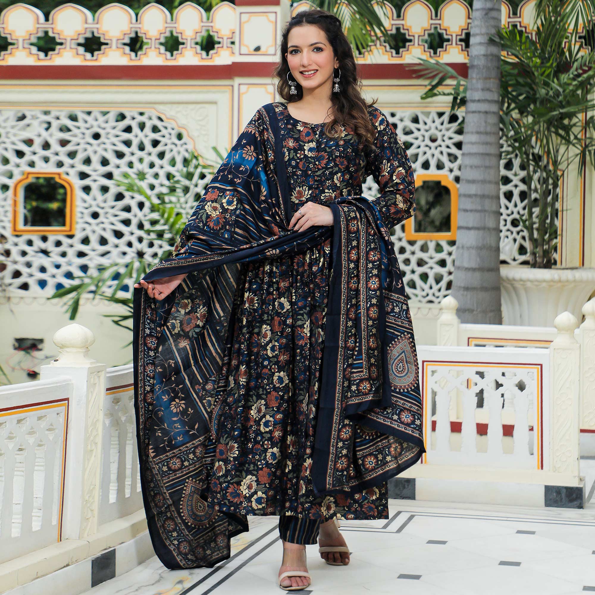 Blue Floral Foil Printed Chanderi Suit