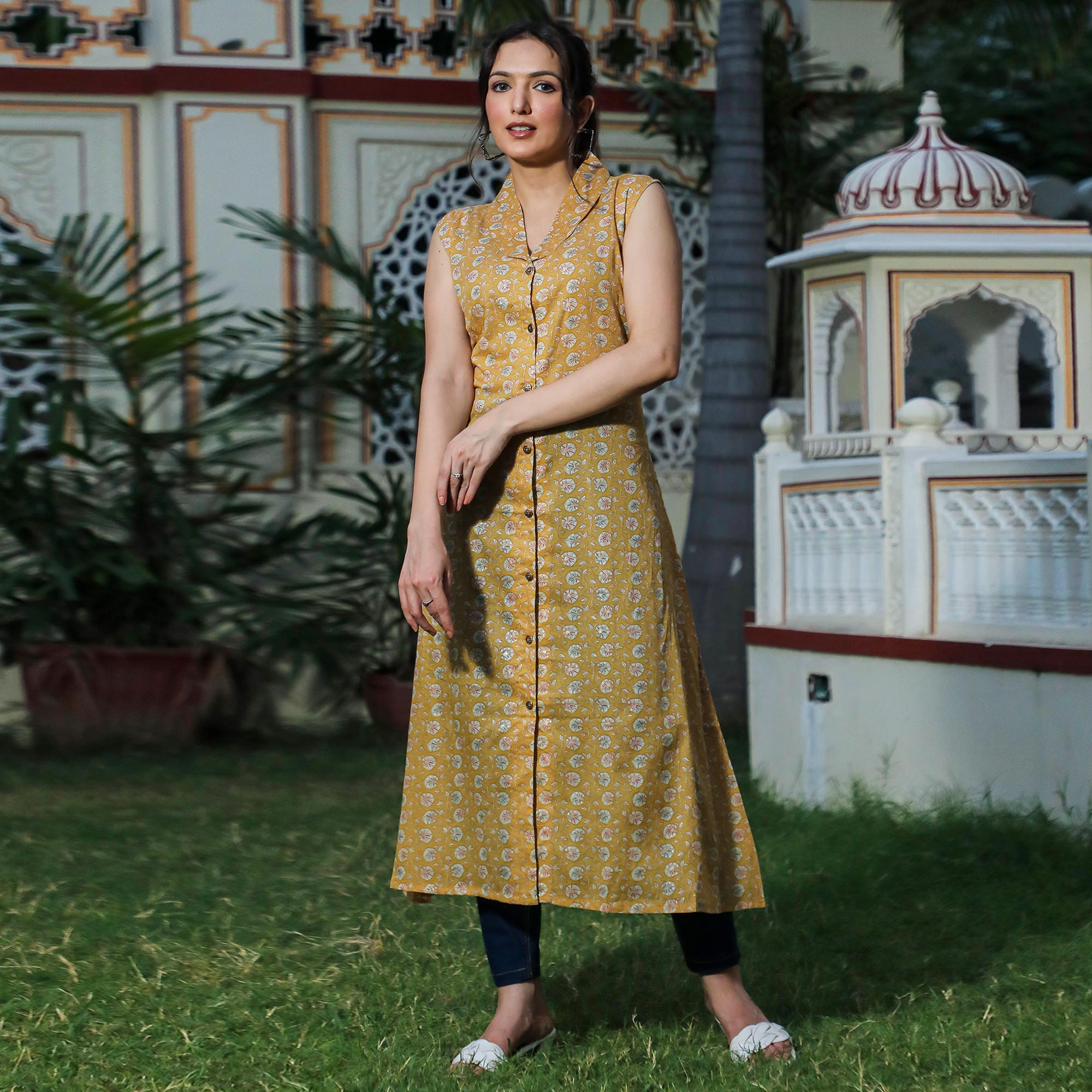 Mustard Floral Foil Printed Pure Cotton A-Line Kurti