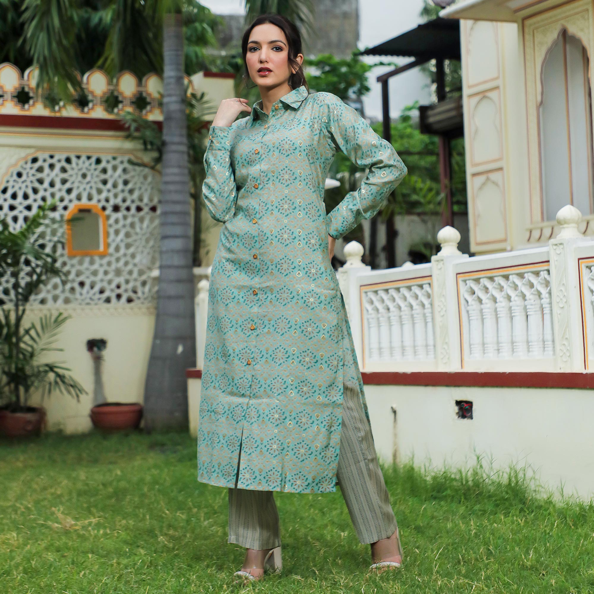 Green Foil Printed Chanderi Kurti Pant Set