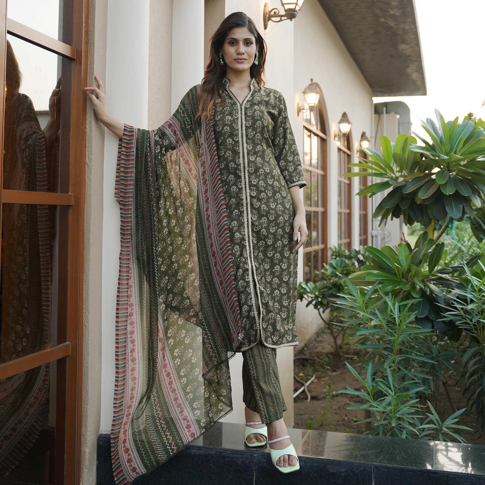 Green Floral Foil Printed Modal Suit