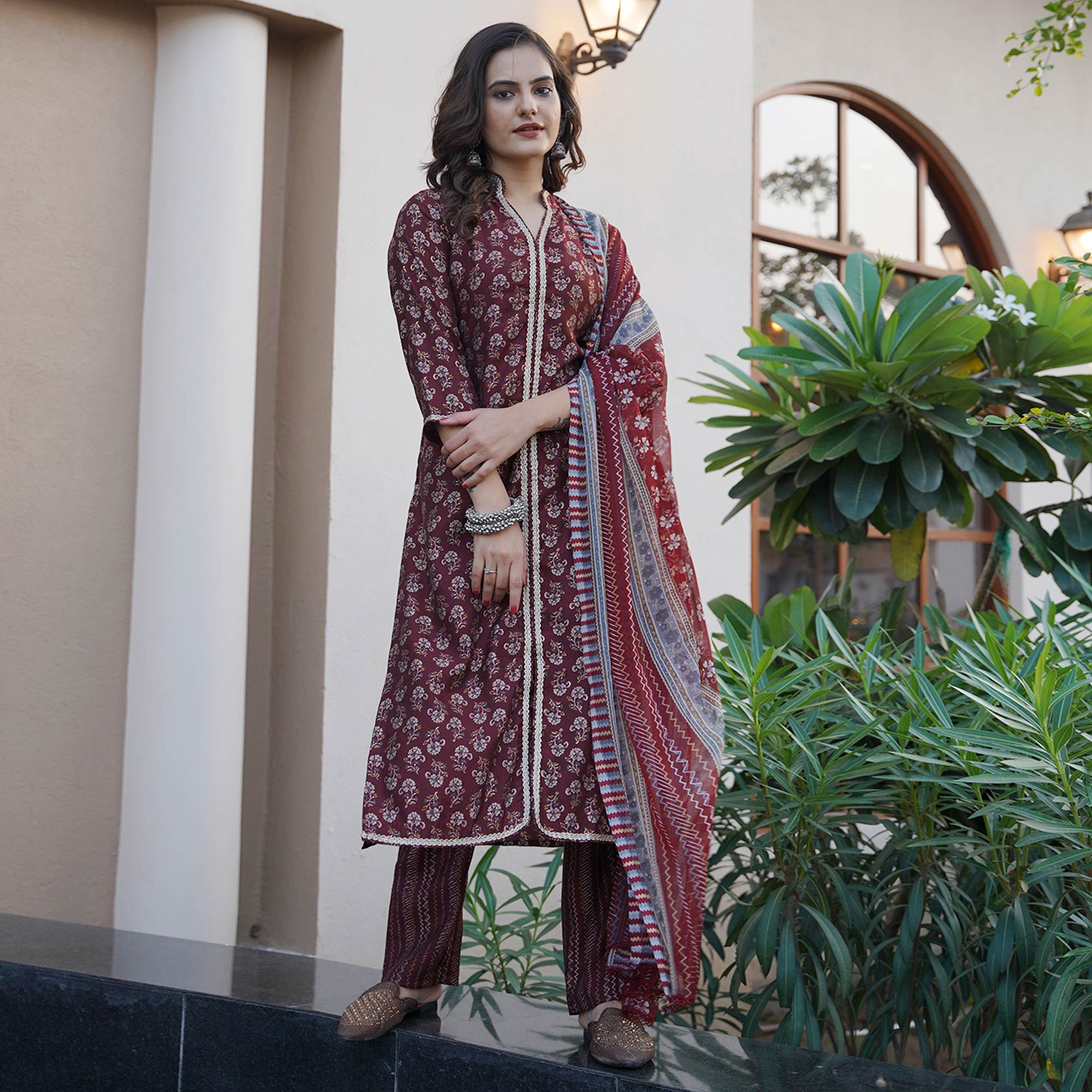 Maroon Floral Foil Printed Modal Suit