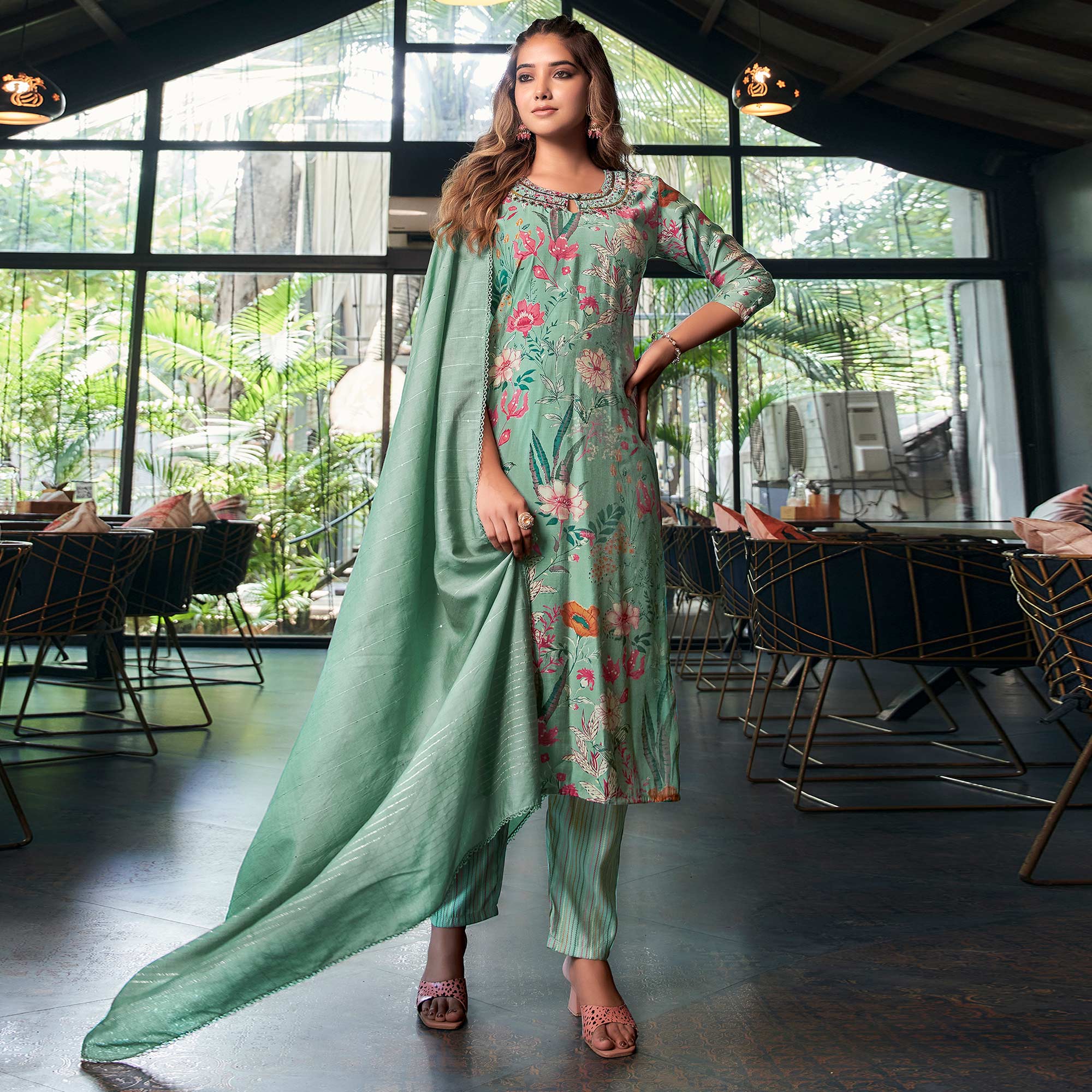 Turquoise Straight Chanderi Silk Suit With Handcrafted & Foil Print