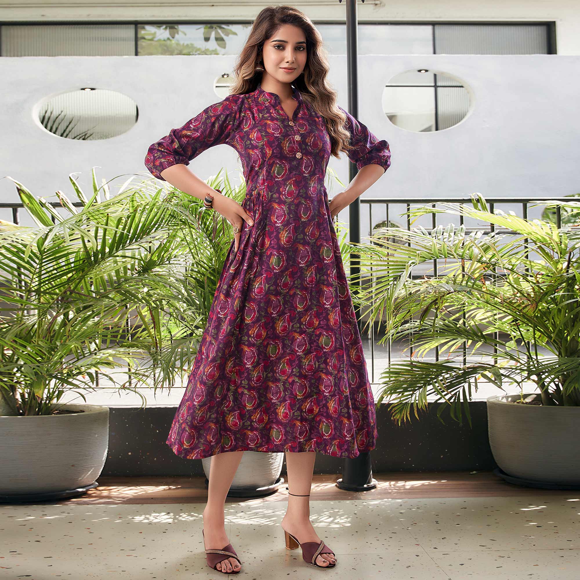 Wine Paisley Printed Chanderi A-Line Dress