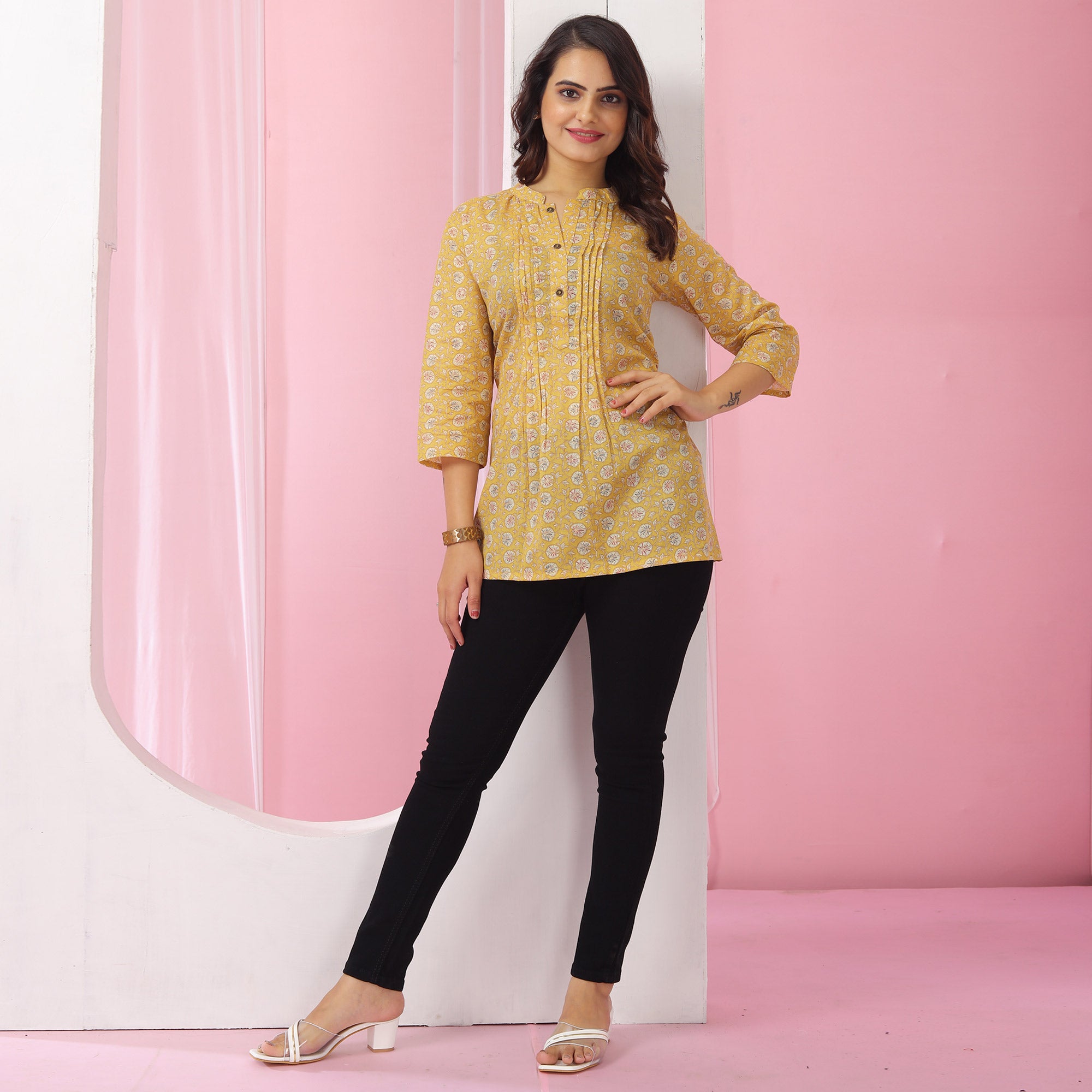 Yellow Foil Printed Pure Cotton Top