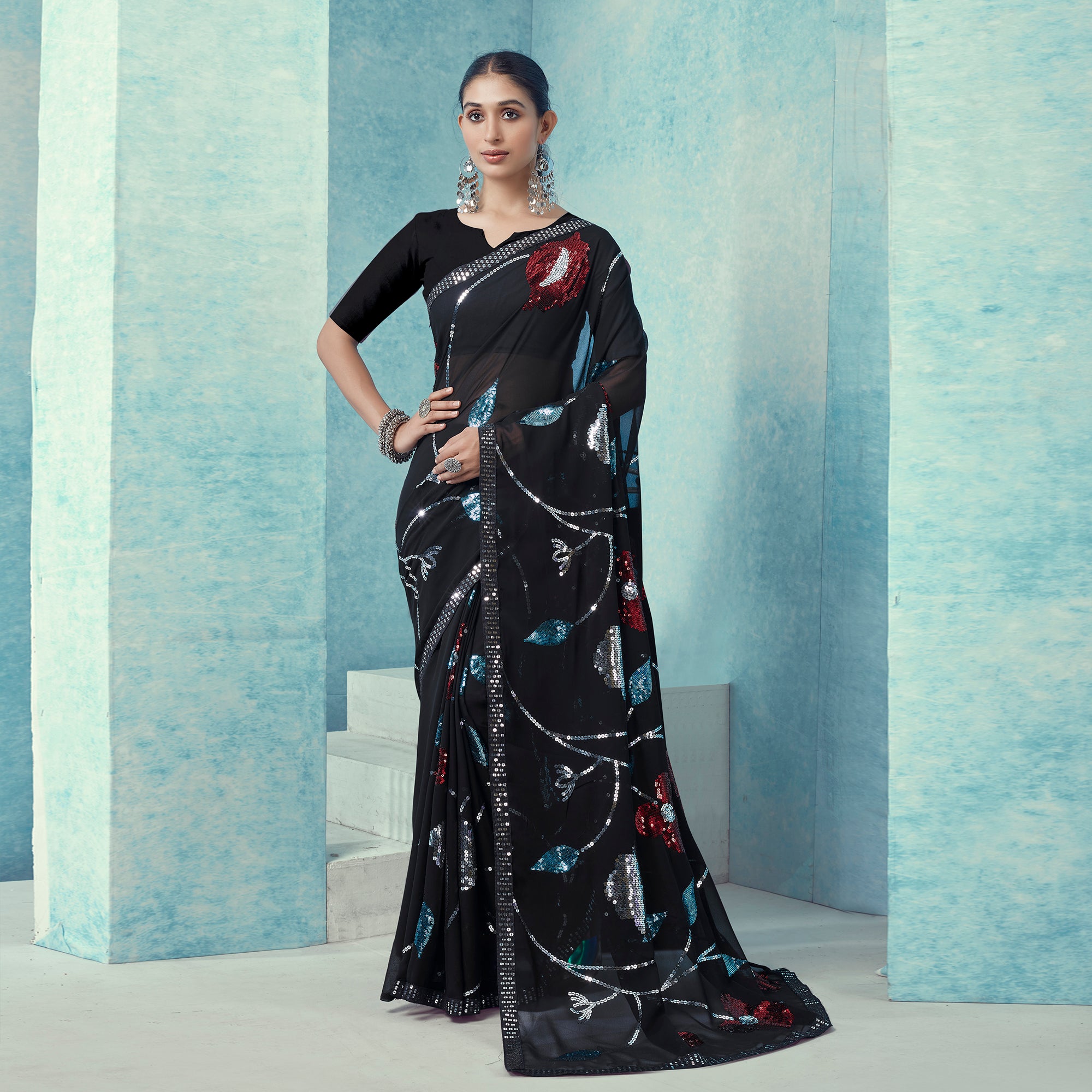 Black Sequins Embroidered Georgette Saree