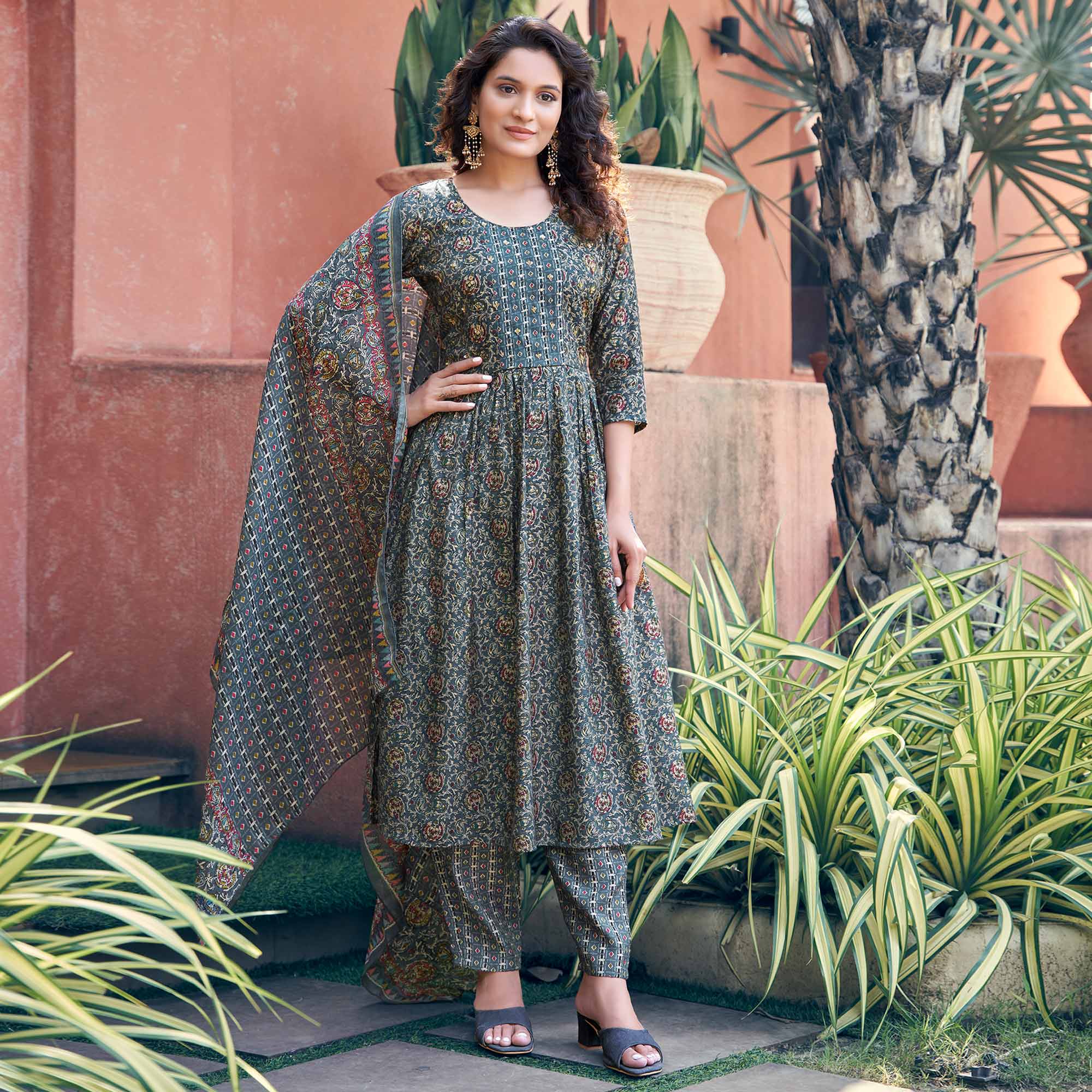 Grey Naira Cut Chanderi Silk Suit With Handcrafted