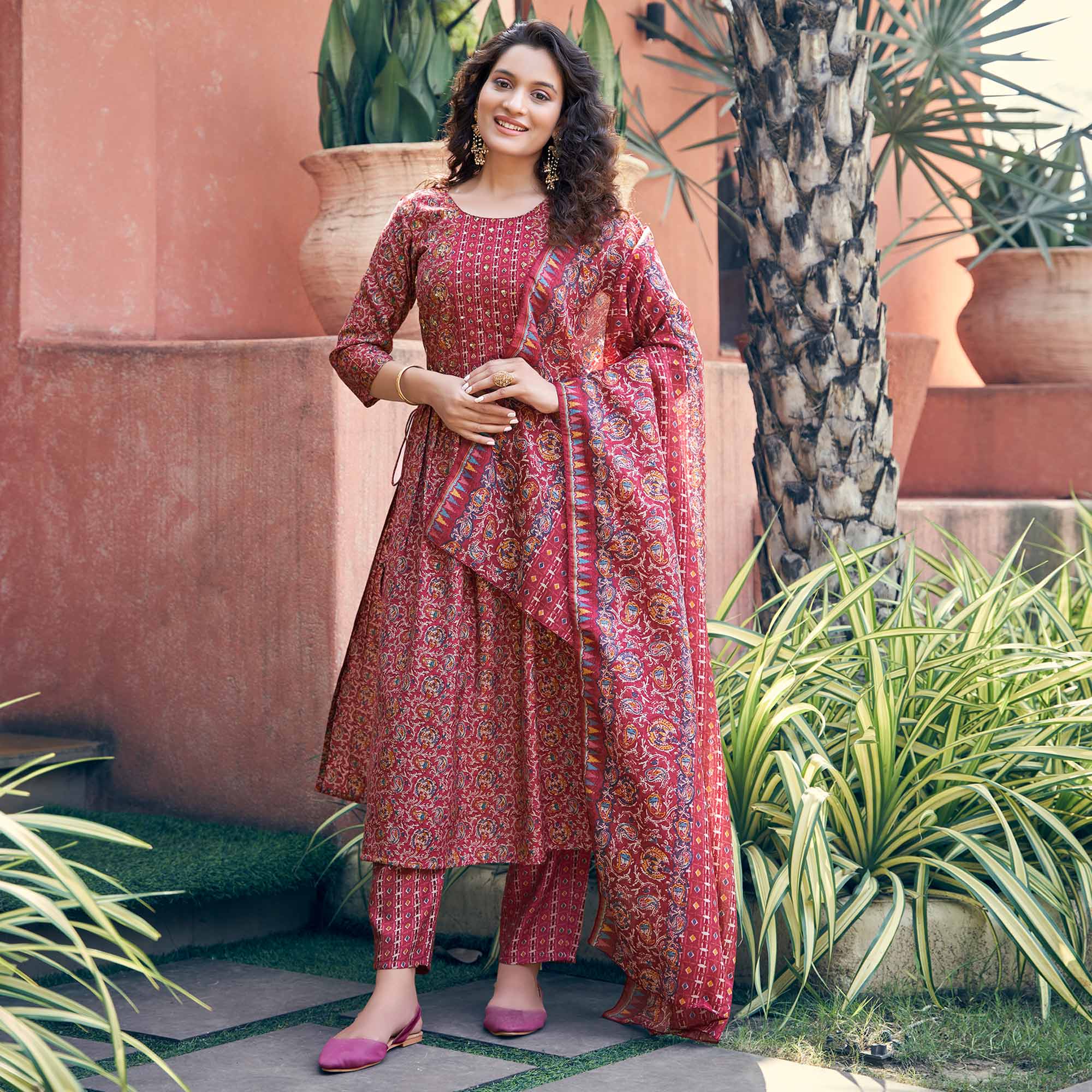 Maroon Floral Printed Chanderi Silk Naira Cut Suit