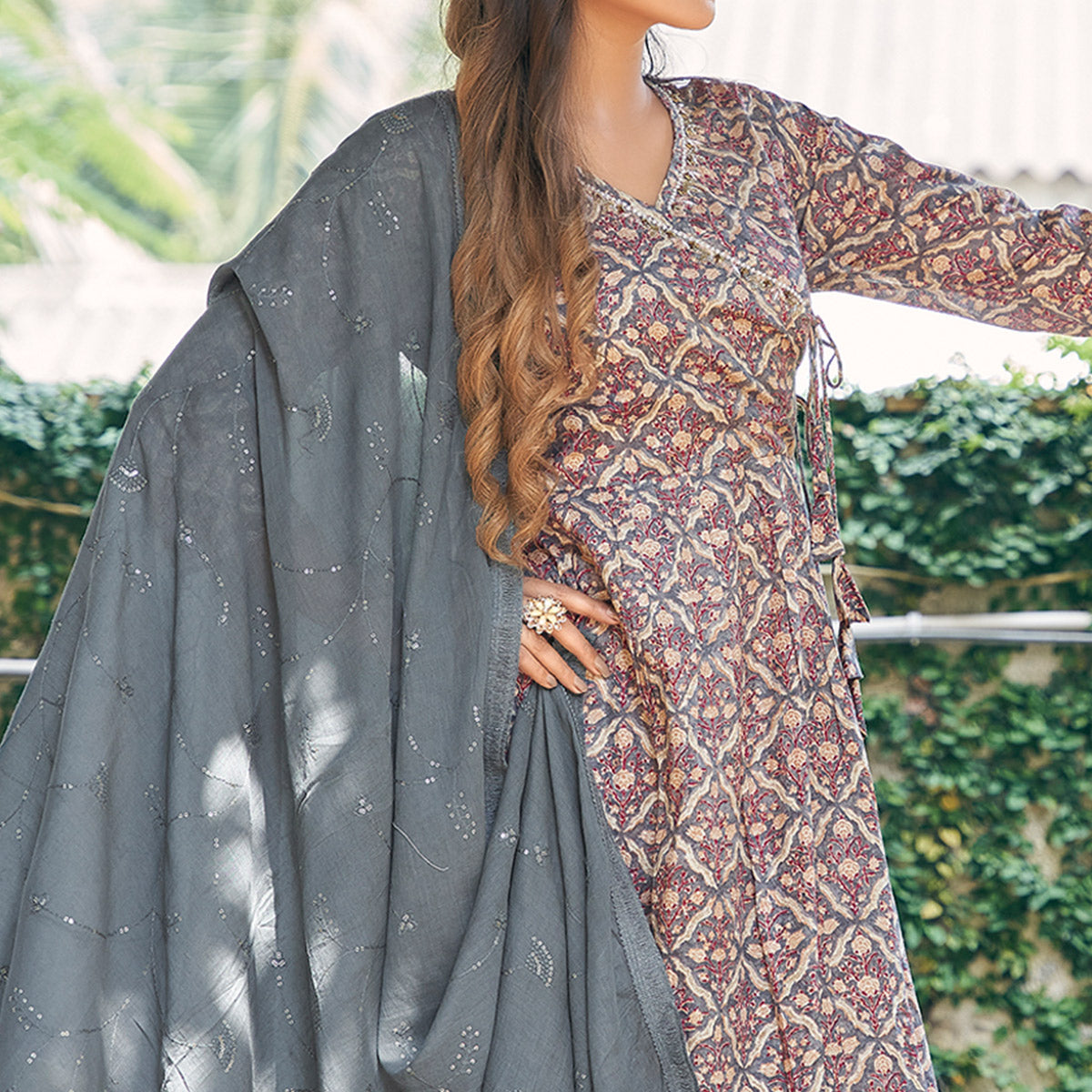 Grey Angrakha Pure Cotton Suit with Foil Print & Zardozi Handcrafted Neckline