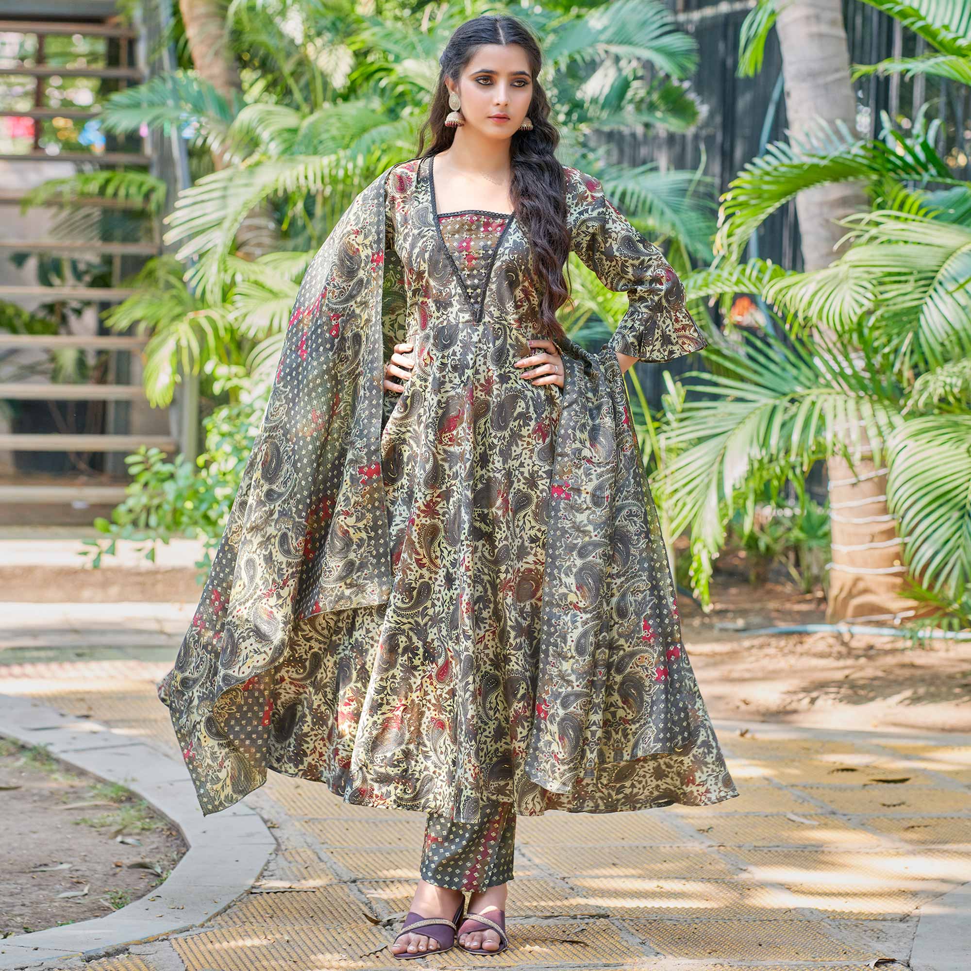 Grey Anarkali Chanderi Silk Suit With Hancrafted & Foil Print