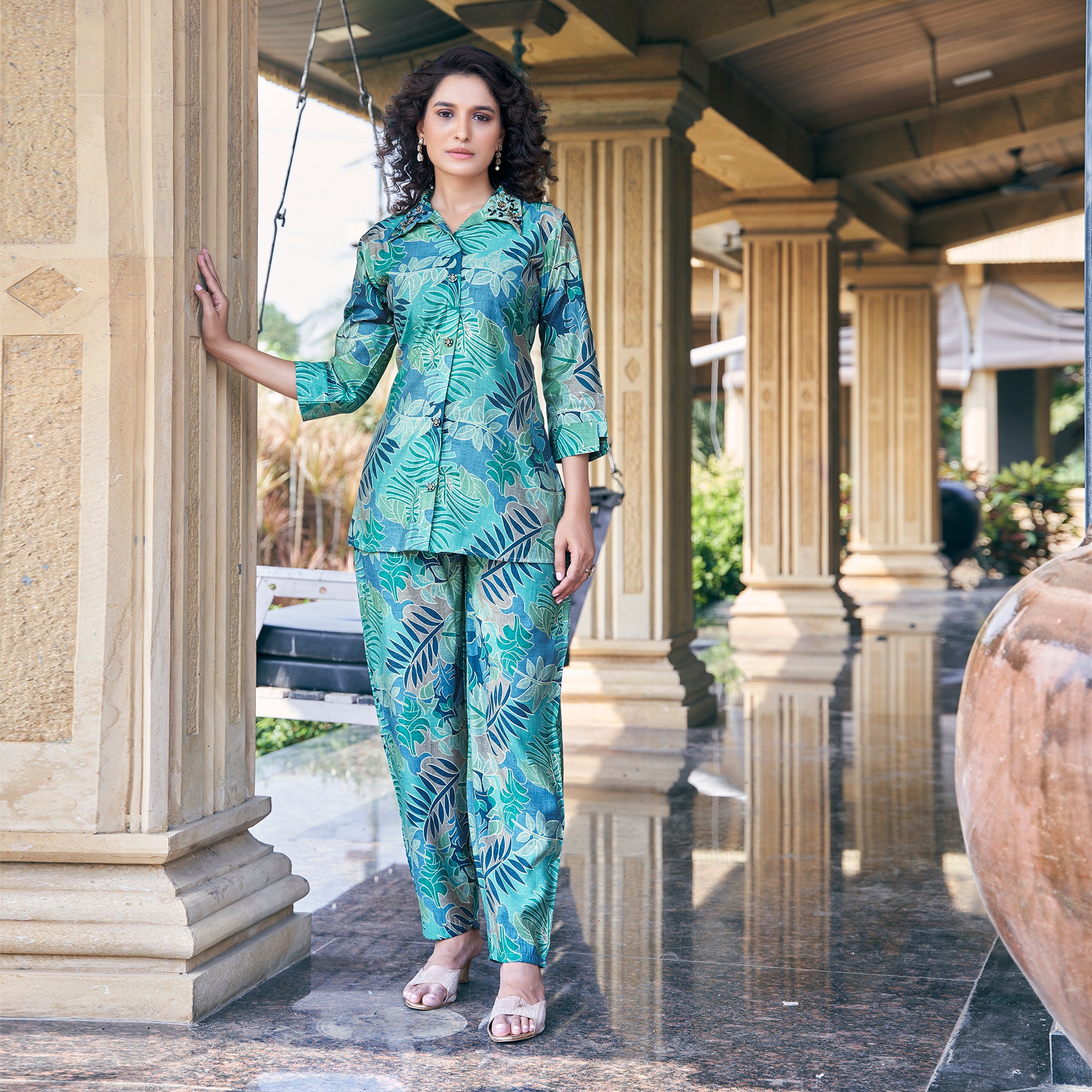 Green Foil Printed Chanderi Silk Co Ord Set