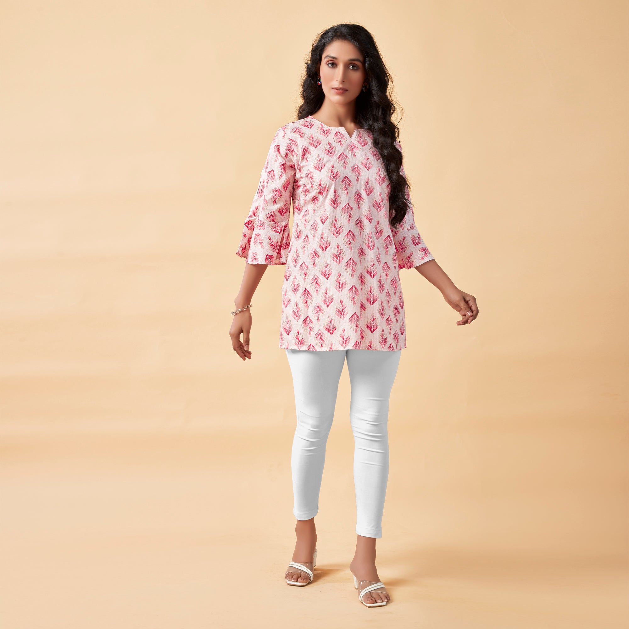 White & Pink Floral Foil Printed Rayon Top