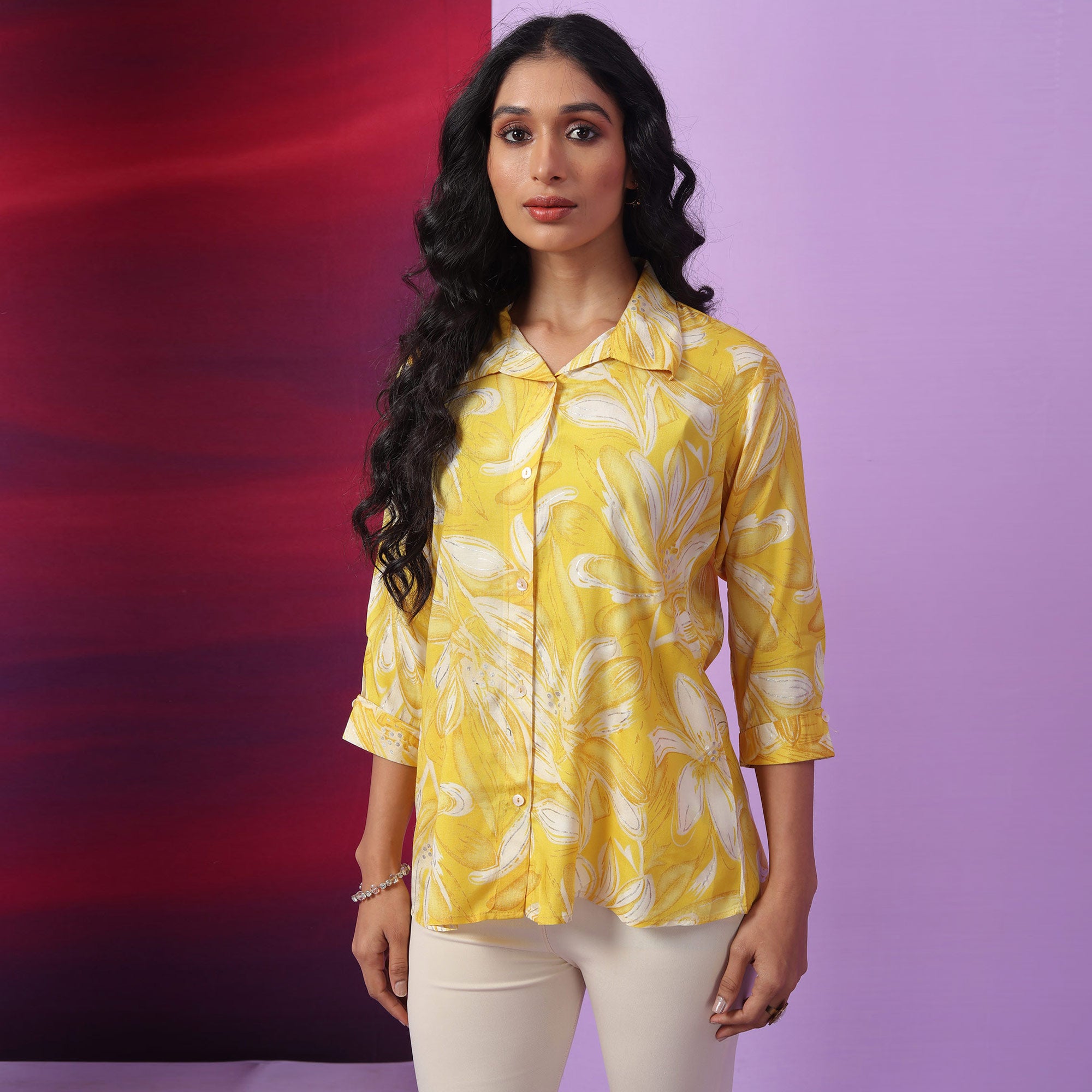 Yellow & White Floral Foil Printed Muslin Top