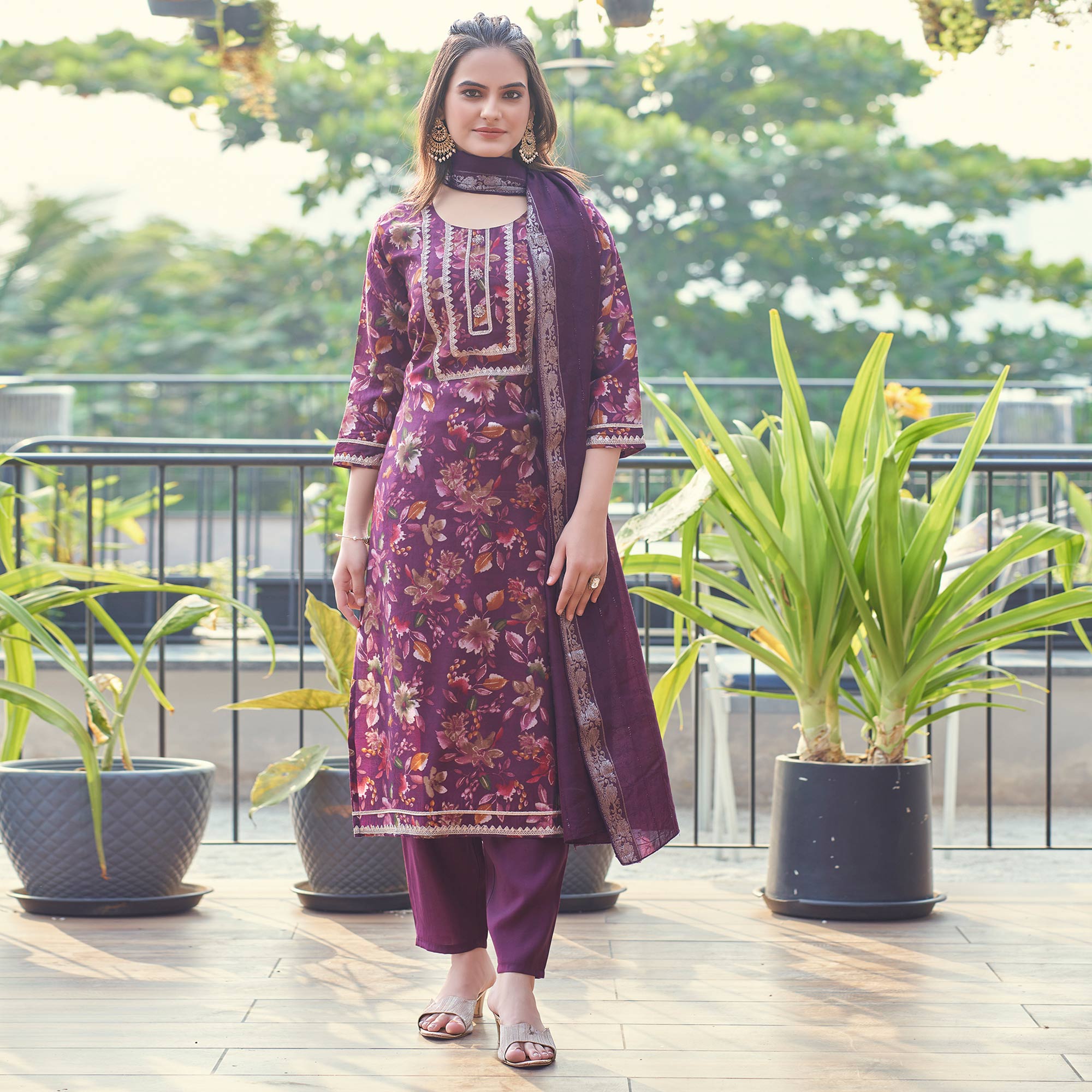 Purple Floral Printed Chanderi Silk Salwar Suit