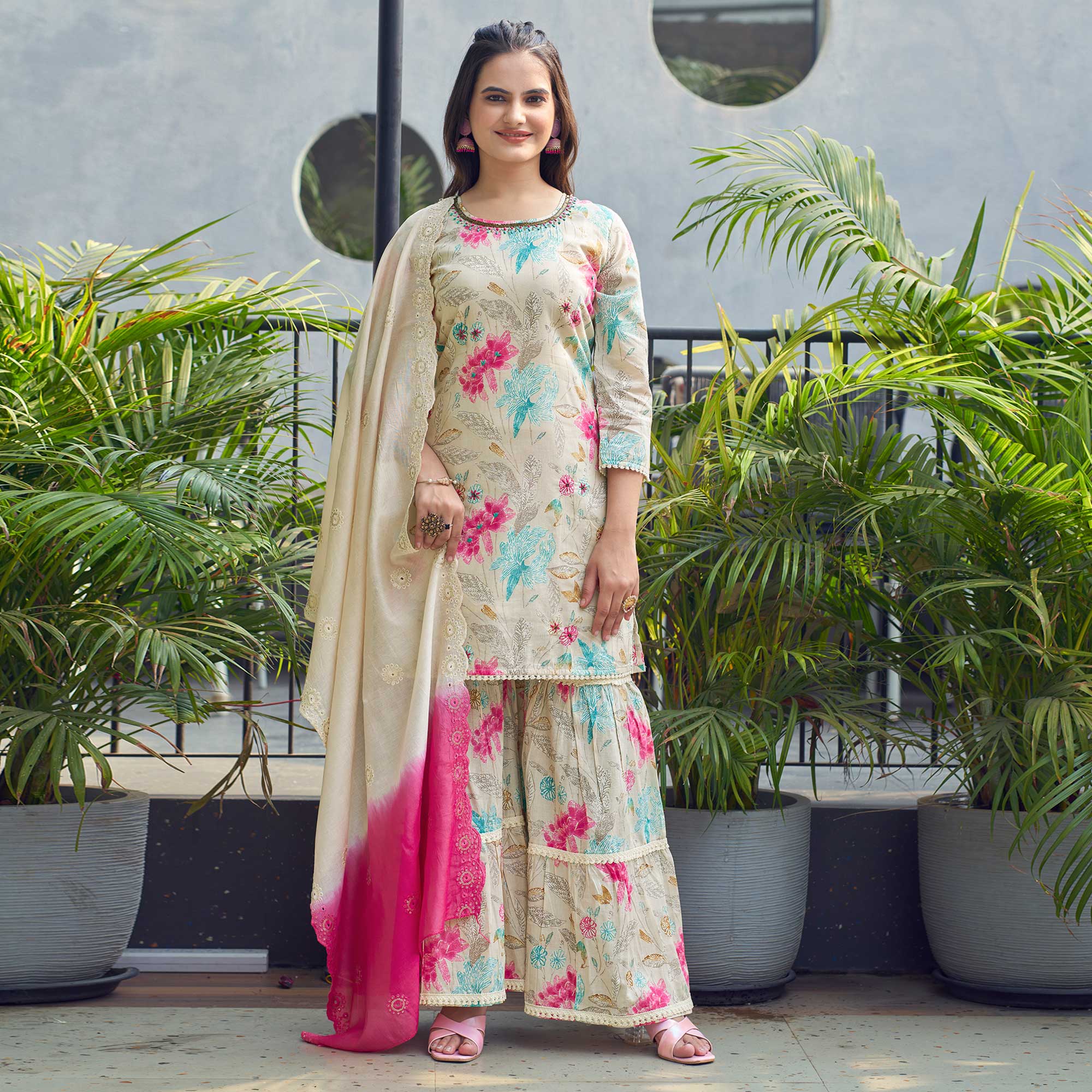 White Floral Foil Printed Mulmul Cotton Sharara Suit